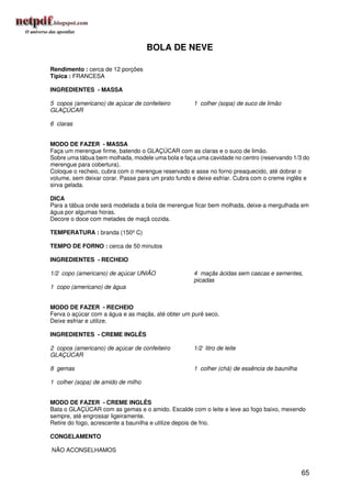 BOLA DE NEVE

Rendimento : cerca de 12 porções
Típica : FRANCESA

INGREDIENTES - MASSA

5 copos (americano) de açúcar de confeiteiro        1 colher (sopa) de suco de limão
GLAÇÚCAR

6 claras


MODO DE FAZER - MASSA
Faça um merengue firme, batendo o GLAÇÚCAR com as claras e o suco de limão.
Sobre uma tábua bem molhada, modele uma bola e faça uma cavidade no centro (reservando 1/3 do
merengue para cobertura).
Coloque o recheio, cubra com o merengue reservado e asse no forno preaquecido, até dobrar o
volume, sem deixar corar. Passe para um prato fundo e deixe esfriar. Cubra com o creme inglês e
sirva gelada.

DICA
Para a tábua onde será modelada a bola de merengue ficar bem molhada, deixe-a mergulhada em
água por algumas horas.
Decore o doce com metades de maçã cozida.

TEMPERATURA : branda (150º C)

TEMPO DE FORNO : cerca de 50 minutos

INGREDIENTES - RECHEIO

1/2 copo (americano) de açúcar UNIÃO                4 maçãs ácidas sem cascas e sementes,
                                                    picadas
1 copo (americano) de água


MODO DE FAZER - RECHEIO
Ferva o açúcar com a água e as maçãs, até obter um purê seco.
Deixe esfriar e utilize.

INGREDIENTES - CREME INGLÊS

2 copos (americano) de açúcar de confeiteiro        1/2 litro de leite
GLAÇÚCAR

8 gemas                                             1 colher (chá) de essência de baunilha

1 colher (sopa) de amido de milho


MODO DE FAZER - CREME INGLÊS
Bata o GLAÇÚCAR com as gemas e o amido. Escalde com o leite e leve ao fogo baixo, mexendo
sempre, até engrossar ligeiramente.
Retire do fogo, acrescente a baunilha e utilize depois de frio.

CONGELAMENTO

NÃO ACONSELHAMOS


                                                                                             65
 