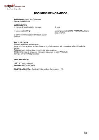 DOCINHOS DE MORANGOS

Rendimento : cerca de 30 unidades
Típica : BRASILEIRA

INGREDIENTES
1 pacote de gelatina sabor morango                   5 ovos

1 coco ralado (300 g)                                açúcar granulado UNIÃO PREMIUM suficiente
                                                     para envolver
2 copos (americano) bem cheios de açúcar
UNIÃO


MODO DE FAZER
Dissolva a gelatina normalmente.
Junte o coco, o açúcar e os ovos. Leve ao fogo baixo e mexa até a massa se soltar do fundo da
panela.
Passe para um prato untado e reserve até o dia seguinte.
Molde no formato de pequenos morangos, passando-os pelo PREMIUM.
Coloque em forminhas prateadas.


CONGELAMENTO

NÃO ACONSELHAMOS
Ocasião : FESTA INFANTIL

FONTE DA RECEITA : Eugênia E. Guimarães - Porto Alegre - RS




                                                                                           692
 