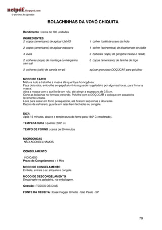 BOLACHINHAS DA VOVÓ CHIQUITA

Rendimento : cerca de 100 unidades

INGREDIENTES
2 copos (americano) de açúcar UNIÃO                   1 colher (café) de cravo da Índia

2 copos (americano) de açúcar mascavo                 1 colher (sobremesa) de bicarbonato de sódio

4 ovos                                                3 colheres (sopa) de gengibre fresco e ralado

2 colheres (sopa) de manteiga ou margarina            6 copos (americano) de farinha de trigo
sem sal

2 colheres (café) de canela em pó                     açúcar granulado DOÇÚCAR para polvilhar


MODO DE FAZER
Misture tudo e trabalhe a massa até que fique homogênea.
Faça dois rolos, embrulhe em papel alumínio e guarde na geladeira por algumas horas, para firmar a
massa.
Abra a massa com o auxílio de um rolo, até atingir a espessura de 0,5 cm.
Corte as bolachas no formato preferido. Polvilhe com o DOÇÚCAR e coloque em assadeira
levemente untada.
Leve para assar em forno preaquecido, até ficarem sequinhas e douradas.
Depois de esfriarem, guarde em latas bem fechadas ou congele.


DICA
Após 15 minutos, abaixe a temperatura do forno para 180º C (moderada).

TEMPERATURA : quente (200º C)

TEMPO DE FORNO : cerca de 30 minutos


MICROONDAS
NÃO ACONSELHAMOS


CONGELAMENTO

INDICADO
Prazo de Congelamento : 1 Mês

MODO DE CONGELAMENTO
Embale, extraia o ar, etiquete e congele.

MODO DE DESCONGELAMENTO
Descongele na geladeira, na embalagem.

Ocasião : TODOS OS DIAS

FONTE DA RECEITA : Duse Rugger Ometto - São Paulo - SP




                                                                                                70
 