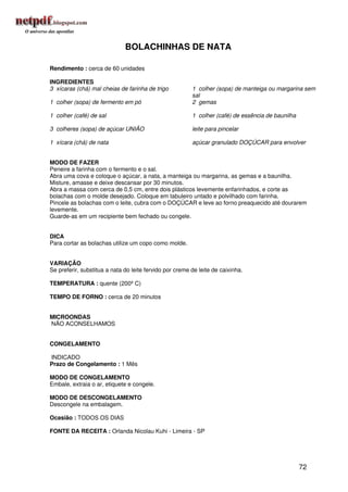 BOLACHINHAS DE NATA

Rendimento : cerca de 60 unidades

INGREDIENTES
3 xícaras (chá) mal cheias de farinha de trigo           1 colher (sopa) de manteiga ou margarina sem
                                                         sal
1 colher (sopa) de fermento em pó                        2 gemas

1 colher (café) de sal                                   1 colher (café) de essência de baunilha

3 colheres (sopa) de açúcar UNIÃO                        leite para pincelar

1 xícara (chá) de nata                                   açúcar granulado DOÇÚCAR para envolver


MODO DE FAZER
Peneire a farinha com o fermento e o sal.
Abra uma cova e coloque o açúcar, a nata, a manteiga ou margarina, as gemas e a baunilha.
Misture, amasse e deixe descansar por 30 minutos.
Abra a massa com cerca de 0,5 cm, entre dois plásticos levemente enfarinhados, e corte as
bolachas com o molde desejado. Coloque em tabuleiro untado e polvilhado com farinha.
Pincele as bolachas com o leite, cubra com o DOÇÚCAR e leve ao forno preaquecido até dourarem
levemente.
Guarde-as em um recipiente bem fechado ou congele.


DICA
Para cortar as bolachas utilize um copo como molde.


VARIAÇÃO
Se preferir, substitua a nata do leite fervido por creme de leite de caixinha.

TEMPERATURA : quente (200º C)

TEMPO DE FORNO : cerca de 20 minutos


MICROONDAS
NÃO ACONSELHAMOS


CONGELAMENTO

INDICADO
Prazo de Congelamento : 1 Mês

MODO DE CONGELAMENTO
Embale, extraia o ar, etiquete e congele.

MODO DE DESCONGELAMENTO
Descongele na embalagem.

Ocasião : TODOS OS DIAS

FONTE DA RECEITA : Orlanda Nicolau Kuhi - Limeira - SP




                                                                                                   72
 