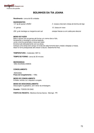 BOLINHOS DA TIA JOANA

Rendimento : cerca de 60 unidades

INGREDIENTES
1/2 kg de açúcar UNIÃO                               3 xícaras (chá) bem cheias de farinha de trigo

10 gemas                                             10 claras em neve

250 g de manteiga ou margarina sem sal               cerejas frescas ou em calda para decorar


MODO DE FAZER
Bata o açúcar com as gemas até formar um creme claro e fofo.
Acrescente a manteiga e continue batendo.
Junte a farinha peneirada e mexa sem bater.
Envolva tudo delicadamente com as claras.
Coloque uma cereja sem caroço no fundo de cada forminha bem untada e despeje a massa.
Asse no forno preaquecido até crescer e dourar. Desenforme frios.


TEMPERATURA : moderada (180º C)

TEMPO DE FORNO : cerca de 30 minutos


MICROONDAS
NÃO ACONSELHAMOS


CONGELAMENTO

INDICADO
Prazo de Congelamento : 1 Mês

MODO DE CONGELAMENTO
Embale, extraia o ar, etiquete e congele.

MODO DE DESCONGELAMENTO
Descongele na geladeira, sem retirar da embalagem.

Ocasião : TODOS OS DIAS

FONTE DA RECEITA : Marilena Correa Garcia - Maringá - PR




                                                                                             73
 