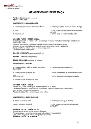 GENOISE COM PURÊ DE MAÇÃ

Rendimento : cerca de 24 porções
Típica : FRANCESA

INGREDIENTES - MASSA BÁSICA

2 xícaras (chá) mal cheias de açúcar UNIÃO            2 xícaras (chá) bem cheias de farinha de trigo

8 ovos                                                1 e 1/4 xícara (chá) de manteiga ou margarina
                                                      derretida
1 pitada de sal                                       1 colher (chá) de essência de baunilha


MODO DE FAZER - MASSA BÁSICA
Junte o açúcar com os ovos e o sal, e leve ao fogo em banho-maria, batendo sempre até obter uma
massa clara e fofa.
Retire do banho-maria e passe para a batedeira, continuando a bater até esfriar.
Misture a farinha peneirada, alternadamente com a manteiga morna e a baunilha.
Coloque na fôrma untada e asse no forno preaquecido.
Deixe esfriar para desenformar.

TIPO DE RECIPIENTE : assadeira (3000 ml)

TEMPERATURA : quente (200º C)

TEMPO DE FORNO : cerca de 50 minutos

INGREDIENTES - CREME

1 xícara (chá) bem cheia de açúcar granulado          5 gemas passadas pela peneira
DOÇÚCAR

1 xícara (chá) de água (200 ml)                       1 colher (sobremesa) de essência de baunilha

500 ml de leite                                       1 colher (sopa) de manteiga ou margarina

5 colheres (sopa) de amido de milho


MODO DE FAZER - CREME
Ferva o DOÇÚCAR com a água, até obter o ponto de fio grosso.
Deixe esfriar e misture o restante dos ingredientes, reservando a baunilha e a manteiga.
Leve ao fogo, mexendo até engrossar.
Acrescente a baunilha e a manteiga, e deixe esfriar.


INGREDIENTES - PURÊ E GELÉIA

6 maçãs cozidas no vapor                              3 xícaras (chá) de água (600 ml)

casca e sementes da maçã                              1 e 1/2 xícara (chá) de açúcar granulado
                                                      DOÇÚCAR

MODO DE FAZER - PURÊ E GELÉIA
Amasse as maçãs, até formar um purê. Reserve.
Ferva as cascas e sementes com a água, até reduzir a 2 xícaras (chá).
Coe, junte o DOÇÚCAR e ferva, até gelificar levemente.
MODO DE FAZER - MONTAGEM


                                                                                             733
 