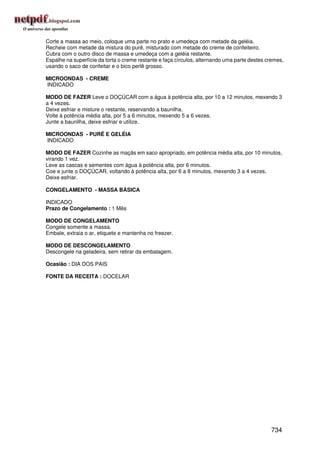 Corte a massa ao meio, coloque uma parte no prato e umedeça com metade da geléia.
Recheie com metade da mistura do purê, misturado com metade do creme de confeiteiro.
Cubra com o outro disco de massa e umedeça com a geléia restante.
Espalhe na superfície da torta o creme restante e faça círculos, alternando uma parte destes cremes,
usando o saco de confeitar e o bico perlê grosso.

MICROONDAS - CREME
INDICADO

MODO DE FAZER Leve o DOÇÚCAR com a água à potência alta, por 10 a 12 minutos, mexendo 3
a 4 vezes.
Deixe esfriar e misture o restante, reservando a baunilha.
Volte à potência média alta, por 5 a 6 minutos, mexendo 5 a 6 vezes.
Junte a baunilha, deixe esfriar e utilize.

MICROONDAS - PURÊ E GELÉIA
INDICADO

MODO DE FAZER Cozinhe as maçãs em saco apropriado, em potência média alta, por 10 minutos,
virando 1 vez.
Leve as cascas e sementes com água à potência alta, por 6 minutos.
Coe e junte o DOÇÚCAR, voltando à potência alta, por 6 a 8 minutos, mexendo 3 a 4 vezes.
Deixe esfriar.

CONGELAMENTO - MASSA BÁSICA

INDICADO
Prazo de Congelamento : 1 Mês

MODO DE CONGELAMENTO
Congele somente a massa.
Embale, extraia o ar, etiquete e mantenha no freezer.

MODO DE DESCONGELAMENTO
Descongele na geladeira, sem retirar da embalagem.

Ocasião : DIA DOS PAIS

FONTE DA RECEITA : DOCELAR




                                                                                              734
 