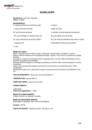 GUGELHUPF

Rendimento : cerca de 12 porções
Típica : ALEMÃ

INGREDIENTES
3 copos (americano) de farinha de trigo               2 gemas

1 copo (americano) de leite                           raspas de limão

20 g de fermento para pão                             2 colheres (chá) de essência de baunilha

125 g de manteiga ou margarina sem sal                50 g de passas sem sementes

2/3 copo (americano) de açúcar UNIÃO                  50 g de miolo de amêndoas sem pele e moídas

1 pitada de sal                                       GLAÇÚCAR suficiente para polvilhar

2 ovos


MODO DE FAZER
Retire 1 copo da farinha, misture o leite e o fermento e deixe levedar, até dobrar o volume.
Misture a farinha restante com a manteiga amolecida, o açúcar, o sal, os ovos, as gemas e as raspas
de limão.
Acrescente a massa já fermentada e bata na batedeira por 5 minutos. Retire da batedeira, junte a
baunilha, as passas e as amêndoas.
Coloque na fôrma untada com manteiga e polvilhada com farinha. Deixe crescer até dobrar o volume
novamente.
Asse no forno preaquecido (após os primeiros 20 minutos diminua a temperatura para 180º C
(moderada)).
Desenforme ainda morno, passe para o prato em que será servido e polvilhe o GLAÇÚCAR. Sirva
frio.

TIPO DE RECIPIENTE : fôrma com furo central (2500 ml)

TEMPERATURA : quente (200º C)

TEMPO DE FORNO : cerca de 40 minutos

CONGELAMENTO

INDICADO
Prazo de Congelamento : 1 Mês

MODO DE CONGELAMENTO
Embale, extraia o ar, etiquete e congele.

MODO DE DESCONGELAMENTO
Descongele na geladeira, sem retirar da embalagem.

Ocasião : NATAL

FONTE DA RECEITA : Marilena Denike - São Paulo - SP




                                                                                              739
 