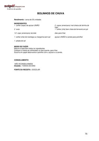 BOLINHOS DE CHUVA

Rendimento : cerca de 30 unidades

INGREDIENTES
1 colher (sopa) de açúcar UNIÃO                     2 copos (americano) mal cheios de farinha de
                                                    trigo
2 ovos                                              1 colher (chá) bem cheia de fermento em pó

1/2 copo (americano) de leite                       óleo para fritar

1 colher (chá) de manteiga ou margarina sem sal     açúcar UNIÃO e canela para polvilhar

1 pitada de sal


MODO DE FAZER
Misture e bata bem todos os ingredientes.
Coloque a massa às colheradas no óleo quente, para fritar.
Escorra em papel absorvente e polvilhe com o açúcar e a canela.



CONGELAMENTO

NÃO ACONSELHAMOS
Ocasião : TODOS OS DIAS

FONTE DA RECEITA : DOCELAR




                                                                                           75
 