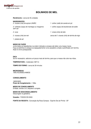 BOLINHOS DE MEL

Rendimento : cerca de 40 unidades

INGREDIENTES
2 xícaras (chá) de açúcar UNIÃO                     1 colher (café) de canela em pó

2 colheres (sopa) de manteiga ou margarina          1 colher (sopa) de bicarbonato de sódio
sem sal

2 ovos                                              1 xícara (chá) de leite

2 xícaras (chá) de mel                              cerca de 5 xícaras (chá) de farinha de trigo

1 pitada de sal


MODO DE FAZER
Junte todos os ingredientes na ordem indicada e amasse até obter uma massa macia.
Faça os bolinhos e coloque-os espaçadamente numa assadeira untada e polvilhada com farinha.
Asse no forno preaquecido.



DICA
Se for necessário, adicione um pouco mais de farinha, para que a massa não cole nas mãos.

TEMPERATURA : moderada (180º C)

TEMPO DE FORNO : cerca de 30 minutos


MICROONDAS
NÃO ACONSELHAMOS


CONGELAMENTO

INDICADO
Prazo de Congelamento : 1 Mês

MODO DE CONGELAMENTO
Embale, extraia o ar, etiquete e congele.

MODO DE DESCONGELAMENTO
Descongele na geladeira.

Ocasião : TODOS OS DIAS

FONTE DA RECEITA : Conceição Ap Rosa Campos - Espírito Sto do Pinhal - SP




                                                                                              77
 