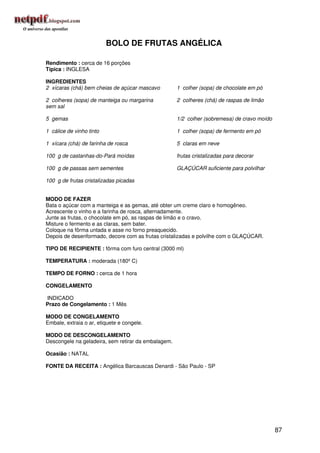 BOLO DE FRUTAS ANGÉLICA

Rendimento : cerca de 16 porções
Típica : INGLESA

INGREDIENTES
2 xícaras (chá) bem cheias de açúcar mascavo         1 colher (sopa) de chocolate em pó

2 colheres (sopa) de manteiga ou margarina           2 colheres (chá) de raspas de limão
sem sal

5 gemas                                              1/2 colher (sobremesa) de cravo moído

1 cálice de vinho tinto                              1 colher (sopa) de fermento em pó

1 xícara (chá) de farinha de rosca                   5 claras em neve

100 g de castanhas-do-Pará moídas                    frutas cristalizadas para decorar

100 g de passas sem sementes                         GLAÇÚCAR suficiente para polvilhar

100 g de frutas cristalizadas picadas


MODO DE FAZER
Bata o açúcar com a manteiga e as gemas, até obter um creme claro e homogêneo.
Acrescente o vinho e a farinha de rosca, alternadamente.
Junte as frutas, o chocolate em pó, as raspas de limão e o cravo.
Misture o fermento e as claras, sem bater.
Coloque na fôrma untada e asse no forno preaquecido.
Depois de desenformado, decore com as frutas cristalizadas e polvilhe com o GLAÇÚCAR.

TIPO DE RECIPIENTE : fôrma com furo central (3000 ml)

TEMPERATURA : moderada (180º C)

TEMPO DE FORNO : cerca de 1 hora

CONGELAMENTO

INDICADO
Prazo de Congelamento : 1 Mês

MODO DE CONGELAMENTO
Embale, extraia o ar, etiquete e congele.

MODO DE DESCONGELAMENTO
Descongele na geladeira, sem retirar da embalagem.

Ocasião : NATAL

FONTE DA RECEITA : Angélica Barcauscas Denardi - São Paulo - SP




                                                                                             87
 