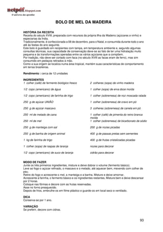 BOLO DE MEL DA MADEIRA

HISTÓRIA DA RECEITA
Receita do século XVIII, preparada com recursos da própria Ilha da Madeira (açúcares e vinho) e
especiarias da Índia.
Tradicionalmente, é confeccionada a 08 de dezembro, para o Natal, e consumida durante todo o ano
até às festas do ano seguinte.
Este bolo é guardado em recipientes com tampa, em temperatura ambiente e, segundo algumas
consultas técnicas, sua capacidade de conservação deve-se ao fato de ter uma hidratação muito
pequena e às transformações operadas entre os vários açúcares que a compõem.
Por tradição, não deve ser cortado com faca (no século XVIII as facas eram de ferro), mas sim
consumido em pedaços retirados à mão.
Como a sua origem se localiza numa área tropical, mantém suas características de comportamento
em terras brasileiras.

Rendimento : cerca de 12 unidades

INGREDIENTES
1 colher (café) de fermento biológico fresco          2 colheres (sopa) de vinho madeira

1/2 copo (americano) de água                          1 colher (sopa) de erva doce moída

1/2 copo (americano) de farinha de trigo              1 colher (sobremesa) de noz moscada ralada

250 g de açúcar UNIÃO                                 1 colher (sobremesa) de cravo em pó

250 g de açúcar mascavo                               3 colheres (sobremesa) de canela em pó

250 ml de melado de cana                              1 colher (café) de pimenta do reino branca
                                                      moída
250 ml de mel                                         1 colher (sobremesa) de bicarbonato de sódio

250 g de manteiga com sal                             200 g de nozes picadas

250 g de banha de origem animal                       400 g de passas pretas sem sementes

1 kg de farinha de trigo                              400 g de frutas cristalizadas picadas

1 colher (sopa) de raspas de laranja                  nozes para decorar

1/2 copo (americano) de suco de laranja               cidrão para decorar


MODO DE FAZER
Junte os três primeiros ingredientes, misture e deixe dobrar o volume (fermento básico).
Leve ao fogo o açúcar refinado, o mascavo e o melado, até aquecer bem, mexendo com colher de
pau.
Retire do fogo e acrescente o mel, a manteiga e a banha. Misture e deixe amornar.
Acrescente a farinha, o fermento básico e os ingredientes restantes. Misture bem e deixe descansar
por 2 horas.
Coloque nas fôrmas e decore com as frutas reservadas.
Asse no forno preaquecido.
Depois de frios, embrulhe-os em filme plástico e guarde-os em local seco e ventilado.

DICA
Conserva-se por 1 ano.

VARIAÇÃO
Se preferir, decore com cidras.


                                                                                              93
 