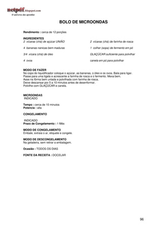 BOLO DE MICROONDAS

Rendimento : cerca de 12 porções

INGREDIENTES
2 xícaras (chá) de açúcar UNIÃO                        2 xícaras (chá) de farinha de rosca

4 bananas nanicas bem maduras                          1 colher (sopa) de fermento em pó

3/4 xícara (chá) de óleo                               GLAÇÚCAR suficiente para polvilhar

4 ovos                                                 canela em pó para polvilhar


MODO DE FAZER
No copo do liquidificador coloque o açúcar, as bananas, o óleo e os ovos. Bata para ligar.
Passe para uma tigela e acrescente a farinha de rosca e o fermento. Mexa bem.
Asse na fôrma bem untada e polvilhada com farinha de rosca.
Deixe descansar por 5 a 10 minutos antes de desenformar.
Polvilhe com GLAÇÚCAR e canela.


MICROONDAS
INDICADO

Tempo : cerca de 10 minutos
Potencia : alta

CONGELAMENTO

INDICADO
Prazo de Congelamento : 1 Mês

MODO DE CONGELAMENTO
Embale, extraia o ar, etiquete e congele.

MODO DE DESCONGELAMENTO
Na geladeira, sem retirar a embalagem.

Ocasião : TODOS OS DIAS

FONTE DA RECEITA : DOCELAR




                                                                                             96
 