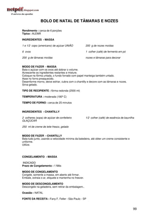 BOLO DE NATAL DE TÂMARAS E NOZES

Rendimento : cerca de 6 porções
Típica : ALEMÃ

INGREDIENTES - MASSA

1 e 1/2 copo (americano) de açúcar UNIÃO                200 g de nozes moídas

6 ovos                                                  1 colher (café) de fermento em pó

200 g de tâmaras moídas                                 nozes e tâmaras para decorar


MODO DE FAZER - MASSA
Bata o açúcar com os ovos até dobrar o volume.
Acrescente os ingredientes restantes e misture.
Coloque na fôrma untada, o fundo forrado com papel manteiga também untado.
Asse no forno preaquecido.
Desenforme morno, deixe esfriar, cubra com o chantilly e decore com as tâmaras e nozes.
Sirva gelado.

TIPO DE RECIPIENTE : fôrma redonda (2500 ml)

TEMPERATURA : moderada (180º C)

TEMPO DE FORNO : cerca de 25 minutos


INGREDIENTES - CHANTILLY

2 colheres (sopa) de açúcar de confeiteiro              1/2 colher (café) de essência de baunilha
GLAÇÚCAR

250 ml de creme de leite fresco, gelado


MODO DE FAZER - CHANTILLY
Bata tudo junto, usando a velocidade mínima da batedeira, até obter um creme consistente e
uniforme.
Utilize.



CONGELAMENTO - MASSA

INDICADO
Prazo de Congelamento : 1 Mês

MODO DE CONGELAMENTO
Congele, somente a massa, em aberto até firmar.
Embale, extraia o ar, etiquete e mantenha no freezer.

MODO DE DESCONGELAMENTO
Descongele na geladeira, sem retirar da embalagem..

Ocasião : NATAL

FONTE DA RECEITA : Fany F. Feller - São Paulo - SP


                                                                                                99
 