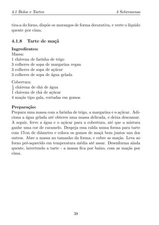 4.1 Bolos e Tartes                                          4 Sobremesas


tira-a do forno, disp˜e os morangos de forma decorativa, e verte o l´
                     o                                              ıquido
quente por cima.

4.1.8   Tarte de ma¸˜
                   ca
Ingredientes:
Massa:
1 ch´vena de farinha de trigo
    a
3 colheres de sopa de margarina vegan
3 colheres de sopa de a¸ucar
                       c´
3 colheres de sopa de agua gelada
                      ´
Cobertura:
1
2 ch´vena de ch´ de agua
    a          a     ´
1 ch´vena de ch´ de a¸ucar
    a          a      c´
4 ma¸as tipo gala, cortadas em gomos
     c˜

Prepara¸ao:
          c˜
Prepara uma massa com a farinha de trigo, a margarina e o a¸ucar. Adi-
                                                           c´
ciona a agua gelada at´ obteres uma massa delicada, e deixa descansar.
        ´             e
A seguir, ferve a agua e o a¸ucar para a cobertura, at´ que a mistura
                  ´          c´                       e
ganhe uma cor de caramelo. Despeja essa calda numa forma para tarte
com 17cm de diˆmetro e coloca os gomos de ma¸a bem juntos uns dos
                a                              c˜
outros. Abre a massa no tamanho da forma, e cobre as ma¸as. Leva ao
                                                          c˜
forno pr´-aquecido em temperatura m´dia at´ assar. Desenforma ainda
        e                            e      e
quente, invertendo a tarte - a massa ﬁca por baixo, com as ma¸as por
                                                               c˜
cima.




                                   38
 