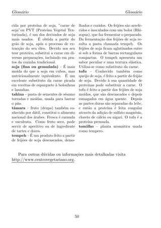 Gloss´rio
     a                                                                   Gloss´rio
                                                                              a


cida por prote´ de soja, ”carne de
                  ına                      lhados e cozidos. Os feij˜es s˜o arrefe-
                                                                      o     a
soja”ou PVT (Prote´ Vegetal Tex-
                        ına                cidos e inoculados com um bolor (Rhi-
turizada), ´ um dos derivados de soja
            e                              zopus), que faz fermentar o preparado.
                   ´
mais usados. E obtida a partir do          Da fermenta¸ao dos feij˜es de soja re-
                                                         c˜          o
gr˜o de soja, ap´s o processo de ex-
  a                  o                     sulta a pasta chamada tempeh. Os
trac¸ao do seu oleo. Devido aos seu
     c˜            ´                       feij˜es de soja ﬁcam aglutinados entre
                                               o
teor prote´ substitui a carne em di-
           ıco,                            si sob a forma de barras rectangulares
versas prepara¸oes, incluindo em pra-
                  c˜                       compactas. O tempeh apresenta um
tos da cozinha tradicional.                sabor peculiar e uma textura el´stica.
                                                                              a
soja (ﬁna ou granulada) – E mais ´         Utiliza-se como substituto da carne.
mo´ do que a soja em cubos, mas
    ıda                                    tofu – Conhecido tamb´m como    e
nutricionalmente equivalente. E um ´       queijo de soja, ´ feito a partir do feij˜o
                                                            e                      a
excelente substituto da carne picada       de soja. Devido a sua quantidade de
                                                               `
em receitas de esparguete a bolonhesa
                             `             prote´ınas pode substituir a carne. O
e lasanhas.                                tofu ´ feito a partir dos feij˜es de soja
                                                 e                        o
tahina – pasta de sementes de s´samo
                                  e        mo´ ıdos, que s˜o descascados e depois
                                                          a
torradas e mo´   ıdas, usada para barrar   esmagados em agua quente. Depois
                                                             ´
o p˜o.
    a                                      as partes duras s˜o separadas do leite,
                                                              a
tˆmara – fruto (drupa) tamb´m co-
 a                               e         e ent˜o a prote´
                                                  a           ına ´ feita coagular
                                                                   e
nhecido por d´til, constitui o alimento
                a                          atrav´s da adi¸ao de sulfato magn´sio,
                                                  e       c˜                    e
nacional dos arabes. Fresca ´ carnuda
               ´               e           cloreto de c´lcio ou nigari. O tofu ´ a
                                                        a                         e
e suculenta. Como fruto seco, pode         prote´ prensada.
                                                 ına
servir de aperitivo ou de ingrediente      tomilho – planta arom´tica usada
                                                                        a
de tartes e doces.                         como tempero.
             ´
tempeh – E um produto feito a partir
de feij˜es de soja descascados, demo-
        o


   Para outras d´ vidas ou informa¸oes mais detalhadas visita
                u                 c˜
http://www.centrovegetariano.org.




                                       50
 
