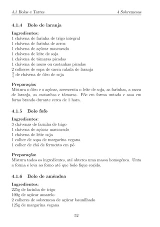 4.1 Bolos e Tartes                                          4 Sobremesas


4.1.4    Bolo de laranja
Ingredientes:
1 ch´vena de farinha de trigo integral
    a
1 ch´vena de farinha de arroz
    a
1 ch´vena de a¸ucar mascavado
    a          c´
1 ch´vena de leite de soja
    a
1 ch´vena de tˆmaras picadas
    a          a
1 ch´vena de nozes ou castanhas picadas
    a
2 colheres de sopa de casca ralada de laranja
3
4 de ch´vena de ´leo de soja
        a        o

Prepara¸˜o:
         ca
Mistura o ´leo e o a¸ucar, acrescenta o leite de soja, as farinhas, a casca
          o         c´
de laranja, as castanhas e tˆmaras. P˜e em forma untada e assa em
                             a           o
forno brando durante cerca de 1 hora.

4.1.5    Bolo fofo
Ingredientes:
3 ch´venas de farinha de trigo
    a
1 ch´vena de a¸ucar mascavado
    a          c´
1 ch´vena de leite soja
    a
1 colher de sopa de margarina vegana
1 colher de ch´ de fermento em p´
              a                 o

Prepara¸˜o:
         ca
Mistura todos os ingredientes, at´ obteres uma massa homog´nea. Unta
                                 e                        e
a forma e leva ao forno at´ que bolo ﬁque cozido.
                          e

4.1.6    Bolo de amˆndoa
                   e
Ingredientes:
225g de farinha de trigo
100g de a¸ucar amarelo
          c´
2 colheres de sobremesa de a¸ucar baunilhado
                            c´
125g de margarina vegana

                                    52
 