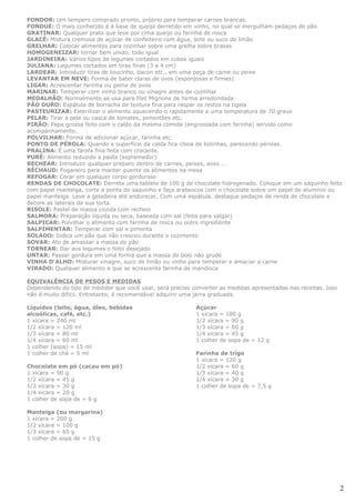 FONDOR: Um tempero comprado pronto, próprio para temperar carnes brancas.
FONDUE: O mais conhecido é à base de queijo derretido em vinho, no qual se mergulham pedaços de pão
GRATINAR: Qualquer prato que leve por cima queijo ou farinha de rosca
GLACÊ: Mistura cremosa de açúcar de confeiteiro com água, leite ou suco de limão
GRELHAR: Colocar alimentos para cozinhar sobre uma grelha sobre brasas
HOMOGENEIZAR: tornar bem unido, todo igual
JARDINEIRA: Vários tipos de legumes cortados em cubos iguais
JULIANA: Legumes cortados em tiras finas (3 a 4 cm)
LARDEAR: Introduzir tiras de toucinho, bacon etc., em uma peça de carne ou peixe
LEVANTAR EM NEVE: Forma de bater claras de ovos (esponjosas e firmes)
LIGAR: Acrescentar farinha ou gema de ovos
MARINAR: Temperar com vinho branco ou vinagre antes de cozinhar
MEDALHÃO: Normalmente se usa para filet Mignone de forma arredondada
PÃO DURO: Espátula de borracha de textura fina para raspar os restos na tigela
PASTEURIZAR: Esterilizar o alimento aquecendo-o rapidamente a uma temperatura de 70 graus
PELAR: Tirar a pele ou casca de tomates, pimentões etc.
PIRÃO: Papa grossa feito com o caldo da mesma comida (engrossada com farinha) servido como
acompanhamento.
POLVILHAR: Forma de adicionar açúcar, farinha etc.
PONTO DE PÉROLA: Quando a superfície da calda fica cheia de bolinhas, parecendo pérolas.
PRALINA: É uma farofa fina feita com crocante.
PURÊ: Alimento reduzido a pasta (espremedor)
RECHEAR: Introduzir qualquer preparo dentro de carnes, peixes, aves ...
RÊCHAUD: Fogareiro para manter quente os alimentos na mesa
REFOGAR: Corar em qualquer corpo gorduroso
RENDAS DE CHOCOLATE: Derreta uma tablete de 100 g de chocolate hidrogenado. Coloque em um saquinho feito
com papel manteiga, corte a ponta do saquinho e faça arabescos com o chocolate sobre um papel de alumínio ou
papel manteiga. Leve a geladeira até endurecer. Com uma espátula, destaque pedaços da renda de chocolate e
decore as laterais da sua torta.
RISOLE: Pastel de massa cozida com recheio
SALMORA: Preparação líquida ou seca, baseada com sal (feita para salgar)
SALPICAR: Polvilhar o alimento com farinha de rosca ou outro ingrediente
SALPIMENTAR: Temperar com sal e pimenta
SOLADO: Indica um pão que não cresceu durante o cozimento
SOVAR: Ato de amassar a massa do pão
TORNEAR: Dar aos legumes o feito desejado
UNTAR: Passar gordura em uma forma que a massa do bolo não grude
VINHA D'ALHO: Misturar vinagre, suco de limão ou vinho para temperar e amaciar a carne
VIRADO: Qualquer alimento a que se acrescenta farinha de mandioca

EQUIVALÊNCIA DE PESOS E MEDIDAS
Dependendo do tipo de medidor que você usar, será preciso converter as medidas apresentadas nas receitas. Isso
não é muito difícil. Entretanto, é recomendável adquirir uma jarra graduada.

Líquidos (leite, água, óleo, bebidas                       Açúcar
alcoólicas, café, etc.)                                    1 xícara = 180 g
1 xícara = 240 ml                                          1/2 xícara = 90 g
1/2 xícara = 120 ml                                        1/3 xícara = 60 g
1/3 xícara = 80 ml                                         1/4 xícara = 45 g
1/4 xícara = 60 ml                                         1 colher de sopa de = 12 g
1 colher (sopa) = 15 ml
1 colher de chá = 5 ml                                     Farinha de trigo
                                                           1 xícara = 120 g
Chocolate em pó (cacau em pó)                              1/2 xícara = 60 g
1 xícara = 90 g                                            1/3 xícara = 40 g
1/2 xícara = 45 g                                          1/4 xícara = 30 g
1/3 xícara = 30 g                                          1 colher de sopa de = 7,5 g
1/4 xícara = 20 g
1 colher de sopa de = 6 g

Manteiga (ou margarina)
1 xícara = 200 g
1/2 xícara = 100 g
1/3 xícara = 65 g
1 colher de sopa de = 15 g




                                                                                                                 2
 