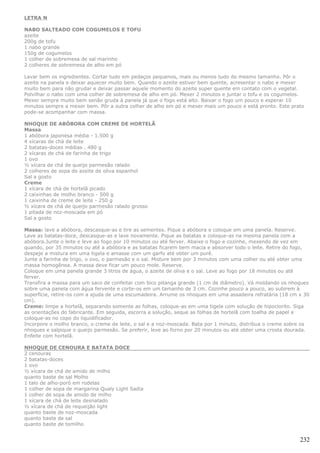 LETRA N

NABO SALTEADO COM COGUMELOS E TOFU
azeite
200g de tofu
1 nabo grande
150g de cogumelos
1 colher de sobremesa de sal marinho
2 colheres de sobremesa de alho em pó

Lavar bem os ingredientes. Cortar tudo em pedaços pequenos, mais ou menos tudo do mesmo tamanho. Pôr o
azeite na panela e deixar aquecer muito bem. Quando o azeite estiver bem quente, acresentar o nabo e mexer
muito bem para não grudar e deixar passar aquele momento do azeite super quente em contato com o vegetal.
Polvilhar o nabo com uma colher de sobremesa de alho em pó. Mexer 2 minutos e juntar o tofu e os cogumelos.
Mexer sempre muito bem senão gruda à panela já que o fogo está alto. Baixar o fogo um pouco e esperar 10
minutos sempre a mexer bem. Pôr a outra colher de alho em pó e mexer mais um pouco e está pronto. Este prato
pode-se acompanhar com massa.

NHOQUE DE ABÓBORA COM CREME DE HORTELÃ
Massa
1 abóbora japonesa média - 1.500 g
4 xícaras de chá de leite
2 batatas-doces médias . 480 g
2 xícaras de chá de farinha de trigo
1 ovo
½ xícara de chá de queijo parmesão ralado
2 colheres de sopa de azeite de oliva espanhol
Sal a gosto
Creme
1 xícara de chá de hortelã picado
2 caixinhas de molho branco - 500 g
1 caixinha de creme de leite - 250 g
½ xícara de chá de queijo parmesão ralado grosso
1 pitada de noz-moscada em pó
Sal a gosto

Massa: lave a abóbora, descasque-as e tire as sementes. Pique a abóbora e coloque em uma panela. Reserve.
Lave as batatas-doce, descasque-as e lave novamente. Pique as batatas e coloque-as na mesma panela com a
abóbora.Junte o leite e leve ao fogo por 10 minutos ou até ferver. Abaixe o fogo e cozinhe, mexendo de vez em
quando, por 35 minutos ou até a abóbora e as batatas ficarem bem macia e absorver todo o leite. Retire do fogo,
despeje a mistura em uma tigela e amasse com um garfo até obter um purê.
Junte a farinha de trigo, o ovo, o parmesão e o sal. Misture bem por 3 minutos com uma colher ou até obter uma
massa homogênea. A massa deve ficar um pouco mole. Reserve.
Coloque em uma panela grande 3 litros de água, o azeite de oliva e o sal. Leve ao fogo por 18 minutos ou até
ferver.
Transfira a massa para um saco de confeitar com bico pitanga grande (1 cm de diâmetro). Vá moldando os nhoques
sobre uma panela com água fervente e corte-os em um tamanho de 3 cm. Cozinhe pouco a pouco, ao subirem à
superfície, retire-os com a ajuda de uma escumadeira. Arrume os nhoques em uma assadeira refratária (18 cm x 30
cm).
Creme: limpe a hortelã, separando somente as folhas, coloque-as em uma tigela com solução de hipoclorito. Siga
as orientações do fabricante. Em seguida, escorra a solução, seque as folhas de hortelã com toalha de papel e
coloque-as no copo do liquidificador.
Incorpore o molho branco, o creme de leite, o sal e a noz-moscada. Bata por 1 minuto, distribua o creme sobre os
nhoques e salpique o queijo parmesão. Se preferir, leve ao forno por 20 minutos ou até obter uma crosta dourada.
Enfeite com hortelã.

NHOQUE DE CENOURA E BATATA DOCE
2 cenouras
2 batatas-doces
1 ovo
½ xícara de chá de amido de milho
quanto baste de sal Molho
1 talo de alho-poró em rodelas
1 colher de sopa de margarina Qualy Light Sadia
1 colher de sopa de amido de milho
1 xícara de chá de leite desnatado
½ xícara de chá de requeijão light
quanto baste de noz-moscada
quanto baste de sal
quanto baste de tomilho


                                                                                                            232
 