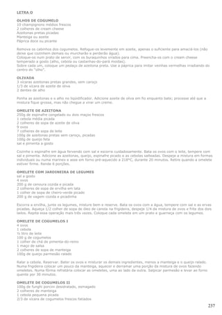 LETRA O

OLHOS DE COGUMELO
10 champignons médios frescos
2 colheres de cream cheese
Azeitonas pretas picadas
Manteiga ou azeite
Páprica doce ou picante

Remova os cabinhos dos cogumelos. Refogue-os levemente em azeite, apenas o suficiente para amaciá-los (não
deixe que cozinhem demais ou murcharão e perderão água).
Coloque-os num prato de servir, com os buraquinhos virados para cima. Preencha-os com o cream cheese
temperado a gosto (alho, cebola ou castanhas-do-pará moídas).
Sobre cada um, coloque um pedaço de azeitona preta. Use a páprica para imitar veinhas vermelhas irradiando do
centro do “olho”.

OLIVADA
3 xícaras azeitonas pretas grandes, sem caroço
1/3 de xícara de azeite de oliva
2 dentes de alho

Ponha as azeitonas e o alho no liqüidificador. Adicione azeite de oliva em fio enquanto bate; processe até que a
mistura fique grossa, mas não chegue a virar um creme.

OMELETE DE AZEITONA
250g de espinafre congelado ou dois maços frescos
1 cebola média picada
2 colheres de sopa de azeite de oliva
9 ovos
7 colheres de sopa de leite
100g de azeitonas pretas sem caroço, picadas
100g de queijo feta
sal e pimenta a gosto

Cozinhe o espinafre em água fervendo com sal e escorra cuidadosamente. Bata os ovos com o leite, tempere com
sal e pimenta. Adicione as azeitonas, queijo, espinafre picado e as cebolas salteadas. Despeje a mistura em formas
individuais ou numa marinex e asse em forno pré-aquecido a 218°C, durante 20 minutos. Retire quando a omelete
estiver firme. Rende 6 porções.

OMELETE COM JARDINEIRA DE LEGUMES
sal a gosto
4 ovos
200 g de cenoura cozida e picada
2 colheres de sopa de ervilha em lata
1 colher de sopa de cheiro-verde picado
200 g de vagem cozida e picadinha

Escorra a ervilha, junte os legumes, misture bem e reserve. Bata os ovos com a água, tempere com sal e as ervas
picadas. Aqueça 1/2 colher de sopa de óleo de canola na frigideira, despeje 1/4 da mistura de ovos e frite dos dois
lados. Repita essa operação mais três vezes. Coloque cada omelete em um prato e guarneça com os legumes.

OMELETE DE COGUMELOS I
4 ovos
1 cebola
½ litro de leite
100 g de cogumelos
1 colher de chá de pimenta-do-reino
1 maço de salsa
2 colheres de sopa de manteiga
100g de queijo parmesão ralado

Ralar a cebola. Reservar. Bater os ovos e misturar os demais ingredientes, menos a manteiga e o queijo ralado.
Numa frigideira colocar um pouco da manteiga, aquecer e derramar uma porção da mistura de ovos fazendo
omeletes. Numa fôrma refratária colocar as omeletes, uma ao lado da outra. Salpicar parmesão e levar ao forno
quente por 30 minutos.

OMELETE DE COGUMELOS II
100g de funghi porcini desidratado, esmagado
2 colheres de manteiga
1 cebola pequena picada
2/3 de xícara de cogumelos frescos fatiados

                                                                                                                   237
 