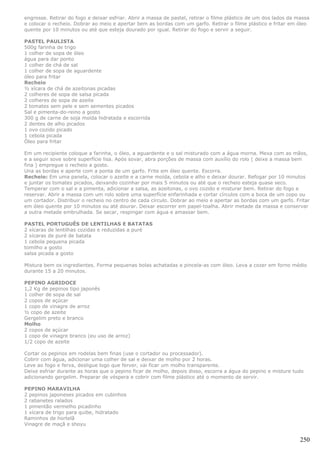 engrosse. Retirar do fogo e deixar esfriar. Abrir a massa de pastel, retirar o filme plástico de um dos lados da massa
e colocar o recheio. Dobrar ao meio e apertar bem as bordas com um garfo. Retirar o filme plástico e fritar em óleo
quente por 10 minutos ou até que esteja dourado por igual. Retirar do fogo e servir a seguir.

PASTEL PAULISTA
500g farinha de trigo
1 colher de sopa de óleo
água para dar ponto
1 colher de chá de sal
1 colher de sopa de aguardente
óleo para fritar
Recheio
½ xícara de chá de azeitonas picadas
2 colheres de sopa de salsa picada
2 colheres de sopa de azeite
2 tomates sem pele e sem sementes picados
Sal e pimenta-do-reino a gosto
300 g de carne de soja moída hidratada e escorrida
2 dentes de alho picados
1 ovo cozido picado
1 cebola picada
Óleo para fritar

Em um recipiente coloque a farinha, o óleo, a aguardente e o sal misturado com a água morna. Mexa com as mãos,
e a seguir sove sobre superfície lisa. Após sovar, abra porções de massa com auxílio do rolo ( deixe a massa bem
fina ) empregue o recheio a gosto.
Una as bordas e aperte com a ponta de um garfo. Frite em óleo quente. Escorra.
Recheio: Em uma panela, colocar o azeite e a carne moída, cebola e alho e deixar dourar. Refogar por 10 minutos
e juntar os tomates picados, deixando cozinhar por mais 5 minutos ou até que o recheio esteja quase seco.
Temperar com o sal e a pimenta, adicionar a salsa, as azeitonas, o ovo cozido e misturar bem. Retirar do fogo e
reservar. Abrir a massa com um rolo sobre uma superfície enfarinhada e cortar círculos com a boca de um copo ou
um cortador. Distribuir o recheio no centro de cada círculo. Dobrar ao meio e apertar as bordas com um garfo. Fritar
em óleo quente por 10 minutos ou até dourar. Deixar escorrer em papel-toalha. Abrir metade da massa e conservar
a outra metade embrulhada. Se secar, respingar com água e amassar bem.

PASTEL PORTUGUÊS DE LENTILHAS E BATATAS
2 xícaras de lentilhas cozidas e reduzidas a puré
2 xícaras de puré de batata
1 cebola pequena picada
tomilho a gosto
salsa picada a gosto

Mistura bem os ingredientes. Forma pequenas bolas achatadas e pincela-as com óleo. Leva a cozer em forno médio
durante 15 a 20 minutos.

PEPINO AGRIDOCE
1,2 Kg de pepinos tipo japonês
1 colher de sopa de sal
2 copos de açúcar
1 copo de vinagre de arroz
½ copo de azeite
Gergelim preto e branco
Molho
2 copos de açúcar
1 copo de vinagre branco (eu uso de arroz)
1/2 copo de azeite

Cortar os pepinos em rodelas bem finas (use o cortador ou processador).
Cobrir com água, adicionar uma colher de sal e deixar de molho por 2 horas.
Leve ao fogo e ferva, desligue logo que ferver, vai ficar um molho transparente.
Deixe esfriar durante as horas que o pepino ficar de molho, depois disso, escorra a água do pepino e misture tudo
adicionando gergelim. Preparar de véspera e cobrir com filme plástico até o momento de servir.

PEPINO MARAVILHA
2 pepinos japoneses picados em cubinhos
2 rabanetes ralados
1 pimentão vermelho picadinho
1 xícara de trigo para quibe, hidratado
Raminhos de hortelã
Vinagre de maçã e shoyu


                                                                                                                  250
 