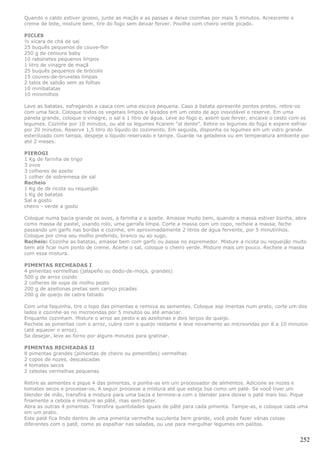 Quando o caldo estiver grosso, junte as maçãs e as passas e deixe cozinhas por mais 5 minutos. Acrescente o
creme de leite, misture bem, tire do fogo sem deixar ferver. Povilhe com cheiro verde picado.

PICLES
½ xícara de chá de sal
25 buquês pequenos de couve-flor
250 g de cenoura baby
10 rabanetes pequenos limpos
1 litro de vinagre de maçã
25 buquês pequenos de brócolis
15 couves-de-bruxelas limpas
2 talos de salsão sem as folhas
10 minibatatas
10 minimilhos

Lave as batatas, esfregando a casca com uma escova pequena. Caso a batata apresente pontos pretos, retire-os
com uma faca. Coloque todos os vegetais limpos e lavados em um cesto de aço inoxidável e reserve. Em uma
panela grande, coloque o vinagre, o sal e 1 litro de água. Leve ao fogo e, assim que ferver, encaixe o cesto com os
legumes. Cozinhe por 10 minutos, ou até os legumes ficarem "al dente". Retire os legumes do fogo e espere esfriar
por 20 minutos. Reserve 1,5 litro do líquido do cozimento. Em seguida, disponha os legumes em um vidro grande
esterilizado com tampa, despeje o líquido reservado e tampe. Guarde na geladeira ou em temperatura ambiente por
até 2 meses.

PIEROGI
1 Kg de farinha de trigo
3 ovos
3 colheres de azeite
1 colher de sobremesa de sal
Recheio
1 Kg de de ricota ou requeijão
1 Kg de batatas
Sal a gosto
cheiro - verde a gosto

Coloque numa bacia grande os ovos, a farinha e o azeite. Amasse muito bem, quando a massa estiver lisinha, abra
como massa de pastel, usando rolo, uma garrafa limpa. Corte a massa com um copo, recheie a massa, feche
passando um garfo nas bordas e cozinhe, em aproximadamente 2 litros de água fervente, por 5 minutinhos.
Coloque por cima seu molho preferido, branco ou ao sugo.
Recheio: Cozinhe as batatas, amasse bem com garfo ou passe no espremedor. Misture a ricota ou requeijão muito
bem até ficar num ponto de creme. Acerte o sal, coloque o cheiro verde. Misture mais um pouco. Recheie a massa
com essa mistura.

PIMENTAS RECHEADAS I
4 pimentas vermelhas (jalapeño ou dedo-de-moça, grandes)
500 g de arroz cozido
2 colheres de sopa de molho pesto
200 g de azeitonas pretas sem caroço picadas
200 g de queijo de cabra fatiado

Com uma faquinha, tire o topo das pimentas e remova as sementes. Coloque asp imentas num prato, corte um dos
lados e cozinhe-as no microondas por 5 minutos ou até amaciar.
Enquanto cozinham. Misture o arroz ao pesto e as azeitonas e dois terços do queijo.
Recheie as pimentas com o arroz, cubra com o queijo restante e leve novamente ao microondas por 8 a 10 minutos
(até aquecer o arroz).
Se desejar, leve ao forno por alguns minutos para gratinar.

PIMENTAS RECHEADAS II
8 pimentas grandes (pimentas de cheiro ou pimentões) vermelhas
2 copos de nozes, descascadas
4 tomates secos
2 cebolas vermelhas pequenas

Retire as sementes e pique 4 das pimentas, e ponha-as em um processador de alimentos. Adicione as nozes e
tomates secos e processe-os. A seguir processe a mistura até que esteja lisa como um paté. Se você tiver um
blender de mão, transfira a mistura para uma bacia e termine-a com o blender para deixar o paté mais liso. Pique
finamente a cebola e misture ao pâté, mas sem bater.
Abra as outras 4 pimentas. Transfira quantidades iguais de pâté para cada pimenta. Tampe-as, e coloque cada uma
em um prato.
Este paté fica lindo dentro de uma pimenta vermelha suculenta bem grande, você pode fazer várias coisas
diferentes com o patê, como as espalhar nas saladas, ou use para mergulhar legumes em palitos.


                                                                                                               252
 