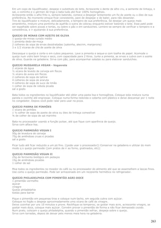 Em um copo de liquidificador, despeje o substituto do leite. Acrescente o dente de alho cru, a semente de linhaça, o
sal, o cominho e o gérmen de trigo e bata tudo até ficar 100% homogêneo.
Acrescente então o alho frito e, sempre batendo, comece a despejar lentamente um fio de azeite ou o óleo de sua
preferência. No momento emque ficar consistente, pare de despejar e de bater, para não desandar.
Tire do liquidificador e misture, delicadamente, o tempero de sua preferência. Se desejar um queijo mais
amarelinho, misture uma pontinha de açafrão e outra de colorau enquanto estiver batendo o leite. Esse paté pode
ser espalhado sobre pizzas e tortas, ou sobre o pão e em sanduíches. Lembre-se sempre de verificar o tempero e a
consistência, e ir ajustando à sua preferência.

QUEIJO DE MINAS COM AZEITE DE OLIVA
1 queijo-de-minas curado médio
1 pimenta dedo-de-moça
2 colheres de sopa de ervas desidratadas (salsinha, alecrim, manjerona)
3 e 1/2 xícaras de chá de azeite de oliva

Descasque o queijo e corte-o em cubos pequenos. Lave a pimenta e seque-a com toalha de papel. Acomode o
queijo num vidro bem limpo e seco, com capacidade para 2 litros. Junte a pimenta, as ervas e cubra com o azeite
de oliva. Guarde na geladeira. Sirva com pão, para acompanhar saladas ou para elaborar sanduíches.

QUEIJO MUSSARELA VEGAN - Veganrela
2 xícaras de água
½ xícara de levedo de cerveja em flocos
½ xícara de aveia em flocos
2 colheres de sopa de tahine
4 colheres de sopa de araruta
4 colheres de sopa de suco de limão
1 colher de sopa de cebola picada
sal a gosto

Bata todos os ingredientes no liquidificador até obter uma pasta lisa e homogênea. Coloque esta mistura numa
panela e cozinhe até engrossar. Coloque numa forma redonda e coberta com plástico e deixe descansar por 1 noite
no congelador. Depois você pode ralar para usar na pizza.

QUEIJO PARMA DE PINHÕES
1 xícara de pinhões
1 ½ colher de sopa de azeite de oliva ou óleo de linhaça comestível
¾ de colher de sopa de sal marinho

Bata no processador usando a função pulsar, até que fique com aparência de queijo.
Sirva com alface lisa.

QUEIJO PARMESÃO VEGAN I
50g de levedura de cerveja
75g de amêndoas cruas e picadas
sal a gosto

Picar tudo até ficar reduzido a um pó fino. ((pode usar o processador)) Conservar na geladeira e utilizar do msm
modo q o queijo parmesão ((em pratos de ir ao forno, gratinados, etc))

QUEIJO PARMESÃO VEGAN II
25g de fermento biológico em pedaços
15g de amêndoas picadas
1 colher de sal

Moa todos os ingredientes no moedor do café ou no processador do alimento até que se assemelhem a lascas finos.
Use como o queijo parmesão. Pode ser armazenado em um recipiente hermético no refrigerador.

QUEIJO PHILADELPHIA COM PIMENTÃO AGRI-DOCE
1 pimentão vermelho
açúcar
vinagre
Queijo philadelphia
tostas para barrar

Pique o pimentão em pequenas tiras e coloque num tacho, em seguida cubra com açúcar.
Coloque no fogão e despeje aproximadamente uma xícara de café de vinagre.
Deixe cozinhar por uns 10 minutos e prove. Rectifique os temperos; se gostar mais acre, acrescente vinagre, se
gostar mais doce, coloque mais açúcar. Convém provar o pimentão de forma a não ficar demasiado cozido.
Num prato, colocam o queijo philadelphia, quando o pimentão esfriar, despeje sobre o queijo.
Sirva com torradas, depois de deixar pelo menos meia hora na geladeira.


                                                                                                                   263
 