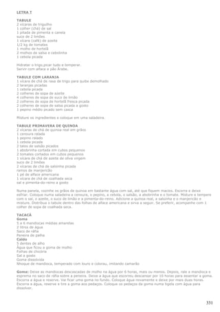 LETRA T

TABULE
2 xícaras de triguilho
1 colher (chá) de sal
1 pitada de pimenta e canela
suco de 2 limões
1 xícara (café) de azeite
1/2 kg de tomates
1 molho de hortelã
2 molhos de salsa e cebolinha
1 cebola picada

Hidratar o trigo,picar tudo e temperar.
Servir com alface e pão Árabe.

TABULE COM LARANJA
1 xícara de chá de rasa de trigo para quibe demolhado
2 laranjas picadas
1 cebola picada
2 colheres de sopa de azeite
4 colheres de sopa de suco de limão
2 colheres de sopa de hortelã fresca picada
2 colheres de sopa de salsa picada a gosto
1 pepino médio picado sem casca

Misture os ingredientes e coloque em uma saladeira.

TABULE PRIMAVERA DE QUINOA
2 xícaras de chá de quinoa real em grãos
1 cenoura ralada
1 pepino ralado
1 cebola picada
2 talos de salsão picados
1 abobrinha cortada em cubos pequenos
2 tomates cortados em cubos pequenos
1 xícara de chá de azeite de oliva virgem
suco de 2 limões
2 xícaras de chá de salsinha picada
ramos de manjericão
1 pé de alface americana
1 xícara de chá de coalhada seca
sal e pimenta-do-reino a gosto

Numa panela, cozinhe os grãos de quinoa em bastante água com sal, até que fiquem macios. Escorra e deixe
esfriar. Coloque numa saladeira a cenoura, o pepino, a cebola, o salsão, a abobrinha e o tomate. Misture e tempere
com o sal, o azeite, o suco de limão e a pimenta-do-reino. Adicione a quinoa real, a salsinha e o manjericão e
misture. Distribua o tabule dentro das folhas de alface americana e sirva a seguir. Se preferir, acompanhe com 1
colher de sopa de coalhada seca.

TACACÁ
Goma
5 a 6 mandiocas médias amarelas
2 litros de água
Saco de ráfia
Peneira de palha
Caldo
5 dentes de alho
Água que ficou a goma de molho
Folhas de chicória
Sal a gosto
Goma dissolvida
Nhoque de mandioca, temperado com louro e colorau, imitando camarão

Goma: Deixe as mandiocas descascadas de molho na água por 6 horas, mais ou menos. Depois, rale a mandioca e
esprema no saco de ráfia sobre a peneira. Deixe a água que escorreu descansar por 10 horas para assentar a goma.
Escorra a água e reserve. Vai ficar uma goma no fundo. Coloque água novamente e deixe por mais duas horas.
Escorra a água, reserve e tire a goma aos pedaços. Coloque os pedaços da goma numa tigela com água para
dissolver.



                                                                                                               331
 
