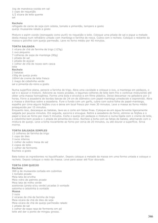 1kg de mandioca cozida em sal
1 copo de requeijão
1/2 xícara de leite quente
sal

Recheio
refogado de carne de soja com cebola, tomate e pimentão, tempero a gosto
queijo mussarela ralado a gosto

Misture o aipim cozido (esmagado como purê) no requeijão e leite. Coloque uma pitada de sal e jogue a metade
desta massa num refratário untado com manteiga e farinha de rosca. Cubra com o recheio. Coloque o restante da
massa e polvilhe com queijo parmesão. Leve no forno médio por 40 minutos.

TORTA SALGADA
1 xícara de chá de farinha de trigo (125g)
1 ovo pequeno
7 colheres de sopa de manteiga (80g)
1 pitada de sal
1 pitada de açúcar
1 colher de chá de nozes sem casca
leite
Recheio
2 batatas
150g de queijo prato
100ml de creme de leite fresco
1 maço de cebolinha verde
sal e pimenta-do-reino a gosto

Numa superfície plana, peneire a farinha de trigo. Abra uma cavidade e coloque o ovo, a manteiga em pedaços, o
sal e o açúcar e misture. Adicione as nozes picadas, e lagumas colheres de leite bem frio e continue misturando até
obter uma massa homogênea. Forme uma bola e envolva-a em filme plástico. Deixe descansar na geladeira por 2
horas. Forre a assadeira de bordas baixas de 24 cm de diâmetro com papel-manteiga umedecido e espremido. Abra
a massa e distribua sobre a assadeira. Fure o fundo com um garfo, cubra com outra folha de papel-manteiga,
espalhe por cima alguns feijões crus e deixe em local fresco por mais 30 minutos. Leve a massa ao forno médio
preaquecido por 15 minutos.
Enquanto isso, descasque as batatas, lave-as e corte em fatias finas. Coloque-as em água fervente ligeiramente
salgada por poucos minutos. Em seguida, escorra e enxugue. Retire a assadeira do forno, elimine os feijões e o
papel e leve ao forno por mais 5 minutos. Corte o queijo em pedaços e misture-o numa tigela com o creme de leite,
a cebolinha bem picada e 1 pitada de pimenta-do-reino. Recheie a torta com as fatias de batata, alternando com a
mistura de queijo. Leve a torta novamente ao forno por cerca de 20 minutos, ou até dourar a superfície. Sirva
morna.

TORTA SALGADA SIMPLES
12 colheres de farinha de trigo
1 copo de óleo
3 ovos inteiros
1 colher de sobre mesa de sal
2 copos de leite
1 colher de fermento
Recheio a gosto

Bata todos os ingredientes no liquidificador. Depois coloque a metade da massa em uma forma untada e coloque o
recheio. Depois coloque o resto da massa. Leve para assar até ficar dourado.

TORTA COM QUEIJO
Recheio
300 g de mussarela cortada em cubinhos
1 tomate picado
Meia lata de ervilha
Meio vidro de palmito picado
Meia lata de milho verde
azeitonas (preta e/ou verde) picadas à vontade
salsinha e cebolinha à vontade
Massa
3 ovos
2 xícaras de chá de farinha de trigo
Meia xícara de chá de óleo de soja
Meia xícara de chá de queijo parmesão ralado
1 pitada de sal
1 colher de sopa rasa de fermento em pó
leite até dar o ponto de mingau grosso.

                                                                                                               346
 