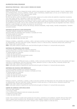 ALIMENTOS PARA CRIANÇAS

RECEITAS PRÁTICAS - DOS 6 AOS 9 MESES DE IDADE

PAPINHA DE BEBÊ
Pegue um pouco de arroz integral já cozido, ponha numa panela com algum legume picado: chuchu, batata baroa
(ou mandioquinha), cenoura, abóbora, inhame, aipim (mandioca), batata-doce; um só, ou no máximo dois. Junte
água e ponha para ferver até o legume estar cozido.
Aí, passe na peneira ou no liquidificador.
Na hora de servir, junte um pouco de suco de salsa: pegue um ou dois ramos de salsinha e esprema na peneira
com uma colher de pau, deixando o caldo cair na sopinha.
Outra possibilidade, para fazer uma papa mais doce e variar o sabor, é cozinhar o arroz com banana, maçã ou pêra.
Só dê feijão ao bebê depois dos nove meses, mas se quiser pode colocar também lentilha ou feijão azuki na sopinha
(de preferência já cozido, mas os dois cozinham bem depressa e são as leguminosas de digestão mais fácil). Varie a
sopinha a cada refeição e às vezes use aveia em vez de arroz.
Entre as principais refeições, dê suco de laranja, banana amassada, maçã ralada, mamão amassadinho. Também
variando sempre.

SOPINHA DE BATATA COM ESPINAFRE
2 batatas médias cortadas em cubinhos pequenos
algumas folhas de espinafre bem lavadas e cortadas em tiras
½ cebola picada em cubinhos
1 dente de alho picadinho
1 colher de sopa de arroz previamente cozido
1 colher de sopa de óleo de oliva, sal.

Coloque a batata, o espinafre, a cebola, o alho e sal para cozinhar em fogo baixo em uma panela com água cobrindo
os ingredientes, até ficar tudo bem cozido. Adicione o arroz e o óleo de oliva, mexendo sempre até uniformizar
tudo. Passe tudo na peneira fina.
OBS: você pode colocar a sopinha em uma forminha de gelo no freezer e ir consumindo aos poucos.

SOPINHA DE CENOURA COM COUVE
2 cenouras médias cortadas em cubinhos pequenos
algumas folhas de couve bem lavadas e cortadas em tiras
½ cebola picada em cubinhos
1 dente de alho picadinho
1 colher de sopa de arroz previamente cozido
1 colher de sopa de óleo de oliva
sal.

Coloque a cenoura, as folhas de couve, a cebola, o alho e sal para cozinhar em fogo baixo em uma panela com água
cobrindo os ingredientes, até ficar tudo bem cozido. Adicione o arroz e o óleo de oliva, mexendo sempre até
uniformizar tudo. Passe tudo na peneira fina.
OBS: você pode colocar a sopinha em uma forminha de gelo no freezer e ir consumindo aos poucos.

SOPINHA DE CHUCHU COM BRÓCOLIS
2 chuchus médios cortados em cubinhos pequenos
algumas folhas de brócolis bem lavadas e cortadas em tiras
½ cebola picada em cubinhos
1 dente de alho picadinho
1 colher de sopa de creme de arroz
1 colher de sopa de óleo de oliva
sal.

Coloque o chuchu, o brócolis, a cebola, o alho e sal para cozinhar em fogo baixo em uma panela com água cobrindo
os ingredientes, até ficar tudo bem cozido. Adicione o creme de arroz e o óleo de oliva, mexendo sempre até
uniformizar tudo. Passe tudo na peneira fina.
OBS: você pode colocar a sopinha em uma forminha de gelo no freezer e ir consumindo aos poucos.

CREME DE CEREAIS COM ERVA-DOCE
250 g de caldo vegetal
1 erva-doce média
4 ou 5 colheres de sopa de creme de cereais (já pronto)
2 colheres de queijo ralado
1 colher de óleo de oliva.

Limpe, lave e exclua os caules mais grossos da erva-doce, cortando-os em pedaços. Cozinhe até que fique bem
mole, e passe tudo na peneira fina. Acrescente o caldo vegetal, levando a fervura completa, e aos poucos vá
colocando o creme de cereais pré-cozido. tempere com o queijo-ralado e o óleo de oliva.



                                                                                                              358
 