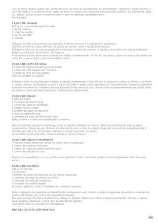 Com o motor ligado, jogue três dentes de alho no copo do liquidificador ou processador. Adicione o feijão branco, o
suco de limão e o azeite de oliva. Bata até virar um creme liso. Adicione o manjericão, tomilho, sal e pimenta. Bata
no “pulsar” até as ervas misturarem porém sem se desfazer completamente.
Sirva gelado.

CREME DE INHAME
400 g de proteína de soja hidratada
1 Kg de inhame
1 maço de agrião
5 dentes de alho
2 cebolas

Refogue as 400 g de proteína de soja com 3 dentes de alho e 1 cebola bem picadinha.
Cozinhe o inhame e bata até ficar no ponto de creme, corte o agrião bem fininho.
Refogue o alho com a cebola picadinha e adicione o creme de inhame, o agrião e a proteína de soja já refogada.
Deixe cozinhar por 10 minutos. Sal a gosto.
Está receita é leve, ideal para pessoas que estão convalescendo. Se for do seu gosto, regue um pouco de azeite por
cima do creme e sirva umas torradinhas à parte.

CREME DE LEITE DE SOJA
1 colher de sobremesa de sumo de limão
1 colher de café rasa de sal marinho
2 xícara de leite de soja gelado
Óleo de girassol ou canola

Colocar o leite no liqüidificador e bater, juntando lentamente o óleo até que o buraco do centro se fechar e se firme
o creme. Retirar, acrescentar o sal e o sumo de limão e bater numa batedeira ou manualmente. Deixar na geladeira
para dar consistência. Preparar apenas algumas horas antes do uso. Servir como acompanhamento de pratos onde
se utiliza o creme de leite tradicional, inclusive em sobremesas.

CREME DE MILHO
1 lata de milho
1 ½ xícara de chá de leite
1 colher de sopa de manteiga
1 cebola média ralada
1 tablete de caldo de legumes
1 lata de creme de leite
2 colheres de sopa de farinha de trigo
Bata o milho e o leite no liquidificador e reserve.

Em uma panela, aqueça a manteiga, junte a cebola e refogue um pouco. Adicione a farinha de trigo e mexa
rapidamente. Deixe dourar. Misture o milho batido com o leite e o caldo. Mexa até dissolvê-lo completamente e
cozinhe por cerca de 10 minutos, até que o creme engrosse um pouco.
Acrescente o creme de leite, mexa e desligue. Sirva a seguir.

CREME DE MILHO E MAIONESE
½ lata de milho verde em conserva, escorrido e enxaguado
1 colher de sopa de maionese
1 colher de sopa de queijo cremoso light
1 colher de chá de catchup

Misture os ingredients com um garfo numa tigelinha. Cubra com filme plástico e leve à geladeira até a hora de
servir.

CREME DE PALMITO
300 g de palmito
1 L de leite
1 tablete de caldo de legumes ou de cebola dissolvido
2 colheres de sopa de amido de milho
2 colheres de sopa de margarina
½ unidade de cebola picada
Escorra o palmito, corte 2 unidades em rodelas e reserve.

Bata o restante dos palmitos no liqüidificador juntamente com o leite, o caldo de legumes dissolvido e o amido de
milho, até formar um creme de consistência líquida.
Em uma panela, derreta a margarina e refogue a cebola. Adicione o creme e deixe cozinhando, até que o creme
fique espesso. Desligue e sirva com as rodelas de palmito.
Fica ótimo para ser servido em pão italiano.

DIP DE IOGURTE COM HORTELÃ


                                                                                                                 366
 