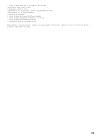 1 xícara de azeitonas pretas sem caroço, escorridas
¼ xícara de salsa fresca picada
¼ xícara de azeite de oliva
1/8 colher de chá de pimenta vermelha desidratada em flocos
1/8 colher de chá de molho Tabasco
1 dente de alho fatiado
1 colher de sopa de manjericão fresco picado
1 colher de sopa de cebola desidratada em flocos
1 colher de sopa de vinagre balsâmico
2 colheres de sopa de pimentão picado

Misture tudo, exceto o pimentão picado, num processador de alimentos e bata até ficar um creme liso. Junte o
pimentão e sirva com pão pita.




                                                                                                               402
 