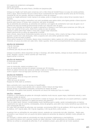 6-8 vagens de cardamomo esmagadas
açúcar granulado
Um molho generoso de endro fresco, dividido em pequenos pés

Coloque as maçãs num tacho para conservas com a mão cheia de hortelã fresca e os paus de canela partidos.
Junte a água, deixe levantar fervura e deixe ferver suavemente em fogo brando durante cerca de 45 minutos,
mexendo de vez em quando. Adicione o espinafre a meio da cozedura.
Quando as maçãs estiverem muito macias e em polpa, junte o vinagre de cidra e deixe ferver durante mais 5
minutos.
Deite a mistura de maçãs e espinafres num saco escaldado para geleia sobre uma tigela grande e deixe escorrer
durante pelo menos 12 horas, sem comprimir, até parar de gotejar.
Ate as sementes de cominhos, as sementes de coentros e as vagens de cardamomo num saco de gaze e as 2
colheres de sopa de hortelã grosseiramente picada num segundo saco de gaze.
Meça o sumo extraído da mistura de maçãs e espinafres e coloque-o num tacho para conservas com 500 g de
açúcar por cada 60 ml de sumo. Deite fora a polpa do saco de geleia.
Coloque o tacho sobre fogo médio e mexa até o açúcar estar dissolvido.
Depois adicione-lhe os sacos de especiarias e hortelã.
Leve a ferver, deixe ferver fortemente durante cerca de 10 minutos, retire o tacho do fogo e faça o teste de ponto.
Quando o ponto tiver sido alcançado, retire a espuma com uma colher grande de metal.
Adicione os pés de endro à geleia.
Deixe esfriar durante 8-10 minutos, depois mexa novamente e deite a geleia em vidros quentes, limpos e secos,
incluindo um pouco de endro em cada vidro. Vede e guarde. Sirva como acompanhamento de assados salgados.

GELÉIA DE MORANGO
1 Kg de morango
1 Kg de açúcar
2 colheres (de chá) de suco de limão

Coloque na panela e deixe esquentar ao fogo o morango, até soltar líquidos, coloque as duas colheres do suco de
limão, despeje o açúcar e deixe cozinhar por meia hora.
Espere esfriar e sirva-se.

GELÉIA DE MARACUJÁ
6 maracujás grandes
1 Kg de açúcar

Lave os maracujás, separe as polpas e coe.
Leve as cascas para cozinhas em panela e pressao por 20 minutos.
Retire as polpas brancas das cascas já cozidas e bata-as no liquidificador com 1/2 litro do suco obtido.
Junte o açúcar e leve ao fogo para cozinhar por 10 minutos.

GELÉIA DE PIMENTA
5g de pimenta dedo-de-moça sem semente
60g de açúcar
130ml de suco de laranja
Raspas de limão (taiti ou siciliano)

Bata a pimenta com o suco de laranja no liquidificador.
Coe o suco e coloque numa panela com o açúcar e deixe reduzir em fogo baixo.
Quando atingir a consistência desejada, acrescente as raspas de limão.
Se desejar uma geléia mais picante, acrescente um pouco da moída que ficou no coador.

GELÉIA - PEKMEZ
A pekmez é uma espécie de geleia de coloração castanha muito escura, quase negra, totalmente natural, e sem
qualquer adição de açúcar.
As variedades mais comuns, que se encontram à venda na Turquia, são a geleia de uva (üzüm pekmezi), a geleia
de alfarroba (harnup pekmezi) e a geleia de amora (dut pekmezi).
Tem um sabor doce, intenso, e propriedades muito benéficas para a saúde, sendo nomeadamente um óptimo
suplemento em caso de anemia, constipações, dores de garganta, para além dos muitos benefícios que advêm de
uma composição tão rica.
Em cada 100 g de geleia de alfarroba, por exemplo, encontramos 806.9 mg de potássio, 69.8 mg de cálcio, 56.5 mg
de fósforo, 14.7 mg de sódio, 38.3 mg de magnésio, 3.54 mg de ferro, entre outros.

A pekmez tem as utilizações de uma geleia comum, podendo ser consumida com pão, bolachas... Neste caso,
aconselho a sua mistura com um pouco de tahine (pasta de sementes de sésamo), também muito utilizado na
Turquia.
Em Portugal, o tahine pode ser encontrado em lojas de produtos vegetarianos e macrobióticos.
Da mistura do tahine com a pekmez resulta um sabor delicioso, muito semelhante ao chocolate, e ainda mais
idêntico se utilizar a variedade de alfarroba. É um verdadeiro prazer, para além de ser muito saudável.



                                                                                                                423
 