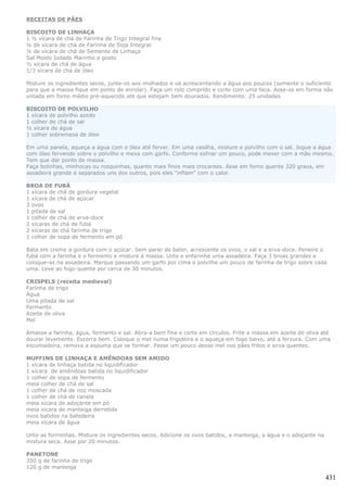 RECEITAS DE PÃES

BISCOITO DE LINHAÇA
1 ½ xícara de chá de Farinha de Trigo Integral fina
¼ de xícara de chá de Farinha de Soja Integral
¼ de xícara de chá de Semente de Linhaça
Sal Moído Iodado Marinho a gosto
½ xícara de chá de água
1/3 xícara de chá de óleo

Misture os ingredientes secos, junte-os aos molhados e vá acrescentando a água aos poucos (somente o suficiente
para que a massa fique em ponto de enrolar). Faça um rolo comprido e corte com uma faca. Asse-os em forma não
untada em forno médio pré-aquecido até que estejam bem dourados. Rendimento: 25 unidades

BISCOITO DE POLVILHO
1 xícara de polvilho azedo
1 colher de chá de sal
½ xícara de água
1 colher sobremesa de óleo

Em uma panela, aqueça a água com o óleo até ferver. Em uma vasilha, misture o polvilho com o sal. Jogue a água
com óleo fervendo sobre o polvilho e mexa com garfo. Conforme esfriar um pouco, pode mexer com a mão mesmo.
Tem que dar ponto de massa.
Faça bolinhas, minhocas ou rosquinhas, quanto mais finos mais crocantes. Asse em forno quente 320 graus, em
assadeira grande e separados uns dos outros, pois eles "inflam" com o calor.

BROA DE FUBÁ
1 xícara de chá de gordura vegetal
1 xícara de chá de açúcar
3 ovos
1 pitada de sal
1 colher de chá de erva-doce
2 xícaras de chá de fubá
2 xícaras de chá farinha de trigo
1 colher de sopa de fermento em pó

Bata em creme a gordura com o açúcar. Sem parar de bater, acrescente os ovos, o sal e a erva-doce. Peneire o
fubá com a farinha e o fermento e misture à massa. Unte e enfarinhe uma assadeira. Faça 3 broas grandes e
coloque-as na assadeira. Marque passando um garfo por cima e polvilhe um pouco de farinha de trigo sobre cada
uma. Leve ao fogo quente por cerca de 30 minutos.

CRISPELS (receita medieval)
Farinha de trigo
Água
Uma pitada de sal
Fermento
Azeite de oliva
Mel

Amasse a farinha, água, fermento e sal. Abra-a bem fina e corte em círculos. Frite a massa em azeite de oliva até
dourar levemente. Escorra bem. Coloque o mel numa frigideira e o aqueça em fogo baixo, até a fervura. Com uma
escumadeira, remova a espuma que se formar. Passe um pouco desse mel nos pães fritos e sirva quentes.

MUFFINS DE LINHAÇA E AMÊNDOAS SEM AMIDO
1 xícara de linhaça batida no liquidificador
1 xícara de amêndoas batida no liquidificador
1 colher de sopa de fermento
meia colher de chá de sal
1 colher de chá de noz moscada
1 colher de chá de canela
meia xícara de adoçante em pó
meia xícara de manteiga derretida
ovos batidos na batedeira
meia xícara de água

Unte as forminhas. Misture os ingredientes secos. Adicione os ovos batidos, a manteiga, a água e o adoçante na
mistura seca. Asse por 20 minutos.

PANETONE
350 g de farinha de trigo
120 g de manteiga

                                                                                                                 431
 