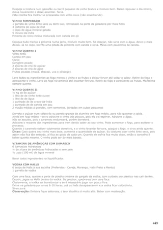 Despeje a mistura num garrafão ou barril pequeno de vinho branco e misture bem. Deixe repousar o dia inteiro,
mexa novamente e deixe assentar. Sirva.
Esta receita fica melhor se preparada com vinho novo (não envelhecido).

VINHO TEMPERADO
1 garrafa de vinho tinto seco ou demi-sec, refrescado na porta da geladeira por meia hora
3 colheres de sopa de mel
1 copo de água mineral gelada
5 cravos-da-índia
Pimenta do reino moída misturada com canela em pó

Coloque tudo menos a pimenta numa jarra, misture muito bem. Se desejar, não sirva com a água, deixe-o mais
denso. Já no copo, borrife uma pitada da pimenta com canela e sirva. Mexa com pauzinhos de canela.

VINHO QUENTE I
Vinho tinto
Canela em pau
Cravo
Gengibre picado
2 xícaras de chá de açúcar
2 xícaras de chá de água
Frutas picadas (maçã, abacaxi, uva e pêssego)

Leve todos os ingredientes ao fogo menos o vinho e as frutas e deixar ferver até soltar o sabor. Retire do fogo e
acrescente o vinho. Leve ao fogo novamente até levantar fervura. Retire do fogo e acrescente as frutas. Mantenha
sempre quente.

VINHO QUENTE II
½ Kg de de açúcar
1 litro de de vinho tinto suave
1 litro de de água
1 punhado de de cravo-da-índia
1 punhado de de canela em pau
2 maçãs médias a grandes, sem sementes, cortadas em cubos pequenos

Derreta o açúcar num caldeirão ou panela grande de alumínio em fogo médio, para não queimar a calda.
Ainda em fogo médio - baixo adiocine o vinho aos poucos, pois ele vai espirrar. Adicione a água.
Não se assuste, pois o caramelo endurecerá, porém derreterá.
Adicione o restante dos ingredientes para irem dando saber ao seu vinho. Pode aumentar o fogo, para acelerar o
processo.
Quando o caramelo estiver totalmente derretivo, e o vinho levantar fervura, apague o fogo, e sirva ainda quente.
Dicas: Caso queira seu vinho mais doce, aumente a quantidade de açúcar. Eu costumo usar vinho tinto seco, pois
assim não fica tão enjoado, aí fica ao gosto de cada um. Quando ele esfria fica muito doce, então o conselho é
beber quente mesmo. O vinho pode ser do mais barato.

VITAMINA DE AMÊNDOAS COM DAMASCO
6 damascos hidratados
¼ de xícara de amêndoas hidratadas e sem pele
½ copo (100 ml) de água mineral

Bater todos ingredientes no liquidificador.

VODKA COM HALLS
6 drops de Halls à sua escolha (Preferidos - Cereja, Morango, Halls Preto e Menta)
1 garrafa de vodka

Com uma faca, quebre a parte de plastico interna do gargalo da vodka, com cuidado pro plastico nao cair dentro.
Depois, jogue os Halls dentro da vodka. Se precisar, quebre-os com uma faca.
Obviamente, a vodka vai transbordar e será necessário jogar um pouco fora.
Deixe na geladeira por umas 6-10 horas, até os halls desaparecerem e a vodka ficar coloridinha.
Sirva pura.
Observação: Embora fique saborosa, o teor alcoólico é muito alto. Beber com moderação.




                                                                                                                449
 