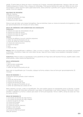 adição. À parte bata as claras em neve e incorpore-as à massa, mexendo delicadamente. Aqueça o óleo em uma
frigideira pequena e funda e frite a massa em colheradas. Frite poucos bolinhos de cada vez. Retire-os com uma
escumadeira e deixe escorrer sobre papel absorvente. Deixe amornar e polvilhe com o açúcar misturado com a
canela. Sirva em seguida.

BOLINHO DE MAISENA
200g de maisena
5 colheres de açúcar
5 colheres de farinha de trigo
1 xícara de margarina
3 colheres de coco ralado

Misture tudo até obter uma massa homogênea. Faça as bolinhas (mais ou menos do tamanho de brigadeiro) e asse
por aproximadamente 25 minutos em forno médio.

BOLO DE ABÓBORA COM COBERTURA DE CHOCOLATE
Cobertura
5 colheres de sopa de achocolatado em pó
8 colheres de sopa de açúcar
2 colheres de sopa de margarina
4 colheres de sopa de leite
Massa:
2 xícaras de abóbora crua em cubinhos pequenos
1 colher de sopa de fermento em pó
1 xícara de amido de milho (maisena)
1½ xícara de creme de arroz
2 xícaras de açúcar
4 ovos
1 xícara de óleo

Massa: Bata no liquidificador a abóbora, o óleo, os ovos e o açúcar. Transfira a mistura para uma tigela, acrescente
as farinhas, o fermento e bata com uma colher de pau. Asse em forno médio numa assadeira retangular untada e
enfarinhada.

Cobertura: Misture todos os ingredientes numa panelinha em fogo baixo até levantar fervura, espalhe sobre o bolo
ainda quente, antes mesmo de desenformar.

BOLO APRESSADO
4 ovos
1 lata de leite condensado
100 g de coco ralado
1 colher de sopa de fermento em pó

Bata tudo no liquidificador por 3 minutos, coloque na forma untada e leve ao forno por aproximadamente 25
minutos.

BOLO DE BANANA I
4 bananas nanicas grandes e bem maduras
3 ovos
1 xícara de chá de óleo
2 xícaras de chá de açúcar
2 xícaras de Farinha de rosca
1 colher de sopa de Fermento em pó
1 colher de sobremesa de canela em Pó

Bata a banana, os ovos, o óleo no liquidificador. Em uma vasilha misture os ingredientes secos (a farinha, a canela
e o açúcar), depois de misturado acrescente o que bateu no liquidificador e por último coloque o fermento. Untar e
polvilhar o tabuleiro ou forma e colocar para assar no forno pré-aquecido. Forno à 180ºC, tempo de assar por mais
ou menos 40 min.

BOLO DE BANANA II
1 1/2 xícaras de farinha de trigo branca
1 1/2 xícaras de farinha de trigo integral
1 xícaras de germe de trigo
1/2 xícara de linhaça
1/2 xícara de farelo
1/2 xícara de açúcar mascavo
Canela e cravo em pó
2 colheres de gergelim
1/4 xícara de óleo de girassol
500g de banana
                                                                                                                454
 