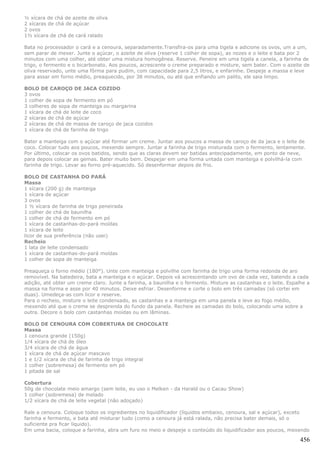½ xícara de chá de azeite de oliva
2 xícaras de chá de açúcar
2 ovos
1½ xícara de chá de cará ralado

Bata no processador o cará e a cenoura, separadamente.Transfira-os para uma tigela e adicione os ovos, um a um,
sem parar de mexer. Junte o açúcar, o azeite de oliva (reserve 1 colher de sopa), as nozes e o leite e bata por 2
minutos com uma colher, até obter uma mistura homogênea. Reserve. Peneire em uma tigela a canela, a farinha de
trigo, o fermento e o bicarbonato. Aos poucos, acrescente o creme preparado e misture, sem bater. Com o azeite de
oliva reservado, unte uma fôrma para pudim, com capacidade para 2,5 litros, e enfarinhe. Despeje a massa e leve
para assar em forno médio, preaquecido, por 38 minutos, ou até que enfiando um palito, ele saia limpo.

BOLO DE CAROÇO DE JACA COZIDO
3 ovos
1 colher de sopa de fermento em pó
3 colheres de sopa de manteiga ou margarina
1 xícara de chá de leite de coco
2 xícaras de chá de açúcar
2 xícaras de chá de massa de caroço de jaca cozidos
1 xícara de chá de farinha de trigo

Bater a manteiga com o açúcar até formar um creme. Juntar aos poucos a massa de caroço de da jaca e o leite de
coco. Colocar tudo aos poucos, mexendo sempre. Juntar a farinha de trigo misturada com o fermento, lentamente.
Por último, colocar os ovos batidos, sendo que as claras devem ser batidas antecipadamente, em ponto de neve,
para depois colocar as gemas. Bater muito bem. Despejar em uma forma untada com manteiga e polvilhá-la com
farinha de trigo. Levar ao forno pré-aquecido. Só desenformar depois de frio.

BOLO DE CASTANHA DO PARÁ
Massa
1 xícara (200 g) de manteiga
1 xícara de açúcar
3 ovos
1 ½ xícara de farinha de trigo peneirada
1 colher de chá de baunilha
1 colher de chá de fermento em pó
1 xícara de castanhas-do-pará moídas
1 xícara de leite
licor de sua preferência (não usei)
Recheio
1 lata de leite condensado
1 xícara de castanhas-do-pará moídas
1 colher de sopa de manteiga

Preaqueça o forno médio (180°). Unte com manteiga e polvilhe com farinha de trigo uma forma redonda de aro
removível. Na batedeira, bata a manteiga e o açúcar. Depois vá acrescentando um ovo de cada vez, batendo a cada
adição, até obter um creme claro. Junte a farinha, a baunilha e o fermento. Misture as castanhas e o leite. Espalhe a
massa na forma e asse por 40 minutos. Deixe esfriar. Desenforme e corte o bolo em três camadas (só cortei em
duas). Umedeça-as com licor e reserve.
Para o recheio, misture o leite condensado, as castanhas e a manteiga em uma panela e leve ao fogo médio,
mexendo até que o creme se desprenda do fundo da panela. Recheie as camadas do bolo, colocando uma sobre a
outra. Decore o bolo com castanhas moídas ou em lâminas.

BOLO DE CENOURA COM COBERTURA DE CHOCOLATE
Massa
1 cenoura grande (150g)
1/4 xícara de chá de óleo
3/4 xícara de chá de água
1 xícara de chá de açúcar mascavo
1 e 1/2 xícara de chá de farinha de trigo integral
1 colher (sobremesa) de fermento em pó
1 pitada de sal

Cobertura
50g de chocolate meio amargo (sem leite, eu uso o Melken - da Harald ou o Cacau Show)
1 colher (sobremesa) de melado
1/2 xícara de chá de leite vegetal (não adoçado)

Rale a cenoura. Coloque todos os ingredientes no liquidificador (líquidos embaixo, cenoura, sal e açúcar), exceto
farinha e fermento, e bata até misturar tudo (como a cenoura já está ralada, não precisa bater demais, só o
suficiente pra ficar líquido).
Em uma bacia, coloque a farinha, abra um furo no meio e despeje o conteúdo do liquidificador aos poucos, mexendo

                                                                                                                 456
 