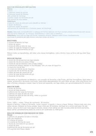 BOLO DE CHOCOLATE SEM GLÚTEN
Massa
6 Ovos
7 Colheres (sopa) de açúcar
8 Colheres (sopa) de Nescau
100 gramas de manteiga
1 Colher (sopa) de fermento em pó
100 gramas de coco ralado
Cobertura
1 Lata de creme de leite com soro (Nestlé ou Glória)
1 Xícara de Nescau
4 Colheres (sopa) de açúcar
100 gramas de manteiga ou 4 Colheres (sopa) de manteiga

Massa: Bata tudo no liqüidificador e coloque em forma redonda com furo central untada e polvilhada com açúcar.
Leve ao forno médio por 35 minutos. Desenforme e cubra com a cobertura.
Cobertura: Leve tudo ao fogo até ferver, mexendo sempre. Despeje sobre o bolo imediatamente.
Leve tudo à geladeira por pelo menos uma hora antes de servir.

BOLO FOFO
3 xícaras de farinha de trigo
1 xícara de açúcar
1 xícara de leite ou leite de soja
1 colher de sopa de margarina vegan
1 colher de chá de fermento em pó.

Misture todos os ingredientes, até obter uma massa homogênea. Unte a forma e leve ao forno até que bolo fique
cozido.

BOLO DE FRUTAS
1 xícara de chá de gérmen de trigo tostado
1 xícara de chá de uva passa (100g)
1 xícara de chá de damasco seco picado (100g)
4 colheres de linhaça, batidas no liquidificador com um copo de água fria
½ xícara de chá de óleo
1½ xícara de chá de açúcar mascavo
2 xícaras de chá de farinha de trigo
1 colher de sopa de canela em pó
1 colher de sopa de fermento em pó
1 xícara de chá de leite.

Bata todos os ingredientes na batedeira, com exceção do fermento e das frutas, até ficar homogêneo. Após bater a
massa, acrescente o fermento e as frutas, misturando delicadamente em uma colher de pau. Unte uma forma com
óleo e farinha e despeje a massa. Asse no forno pré-aquecido, em fogo médio, por aproximadamente 55 minutos.

BOLO DE FUBÁ
1 xícara de farinha
1 xícara de fubá amarelo
4 colheres de chá rasas de fermento
2 colheres de sopa de leite de coco
3 colheres de sopa de óleo de arroz, milho ou girassol
½ xícara de açúcar
1 xícara de água

Forno: 180ºc – médio. Tempo de cozimento: 30 minutos.
Peneire a farinha, o fubá e o fermento. Junte o açúcar, o iogurte, o óleo e a água. Misture. Misture tudo com uma
colher de pau. Despeje na forma untada. Asse o bolo por 30 minutos. Verifique se o centro está seco. Se não
estiver, deixe no forno por mais alguns minutos. Deixe o bolo esfriar por dez minutos antes de tirá-lo da forma.
Deixe esfriar completamente antes de cortá-lo em quadrados ou retângulos.

BOLO DE GERGELIM COM RECHEIO DE COCO
Massa
2 colheres de gergelim torrado e triturado
250 g de margarina
2,5 xícaras de açúcar
2,5 xícaras de farinha de rosca
1 xícara de chocolate em pó solúvel
1 xícara de leite
2 colheres de chá de fermento em pó
1/2 copo de coco fresco ralado

                                                                                                                458
 