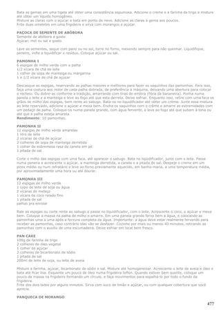 Bata as gemas em uma tigela até obter uma consistência espumosa. Adicione o creme e a farinha de trigo e misture
até obter um líquido homogêneo.
Misture as claras com o açúcar e bata em ponto de neve. Adicione as claras à gema aos poucos.
Frite duas omeletes em uma frigideira e sirva com morangos e açúcar.

PAÇOCA DE SEMENTE DE ABÓBORA
Semente de abóbora a gosto
Açúcar, mel ou sal a gosto.

Lave as sementes, seque com pano ou no sol, torre no forno, mexendo sempre para não queimar. Liquidifique,
peneire, volte a liquidificar o resíduo. Coloque açúcar ou sal.

PAMONHA I
6 espigas de milho verde com a palha
1/2 xícara de chá de leite
1 colher de sopa de manteiga ou margarina
1 e 1/2 xícara de chá de açúcar

Descasque as espigas, reservando as palhas maiores e melhores para fazer os saquinhos das pamonhas. Para isso,
faça uma costura aos redor de cada palha dobrada, de preferência à máquina, deixando uma abertura para colocar
o recheio. Ou dobre-as conforme a tradição, amarrando com tiras de embira (fibra da bananeira). Ponha numa
panela o leite e a manteiga e leve ao fogo até que esta derreta. Deixe esfriar. Enquanto isso, retire com uma faca os
grãos de milho das espigas, bem rente ao sabugo. Bata-os no liquidificador até obter um crème. Junte essa mistura
ao leite reservado, adicione o açúcar e mexa bem. Encha os saquinhos com o crème e amarre as extremidades com
um pedaço de palha. Coloque-os numa panela grande, com água fervente, e leve ao fogo até que subam à tona ou
até que a palha esteja amarela.
Rendimento: 10 pamonhas.

PAMONHA II
12 espigas de milho verde amarelas
1 litro de leite
2 xícaras de chá de açúcar
2 colheres de sopa de manteiga derretida
1 colher de sobremesa rasa de canela em pó
1 pitada de sal

Corte o milho das espigas com uma faca, até aparecer o sabugo. Bata no liqüidificador, junto com o leite. Passe
numa peneira e acrescente o açúcar, a manteiga derretida, a canela e a pitada de sal. Despeje o creme em um
pirex médio ou num refratário e leve ao forno previamente aquecido, em banho-maria, a uma temperatura média,
por aproximadamente uma hora ou até dourar.

PAMONHA III
12 espigas de milho verde
1 copo de leite de soja ou água
2 xícaras de melaço
1 xícara de coco ralado fino
1 pitada de sal
palhas pra enrolar

Rale as espigas ou corte rente ao sabugo e passe no liquidificador, com o leite. Acrescente o coco, o açúcar e mexa
bem. Coloque a massa na palha de milho e amarre. Em uma panela grande ferva bem a água, e colocando as
pamonhas uma a uma após a fervura completa da água. Importante: a água deve estar realmente fervendo para
receber as pamonhas, caso contrário elas vão se desfazer. Cozinhe por mais ou menos 40 minutos, retirando as
pamonhas com o auxílio de uma escumadeira. Deixe esfriar em local bem fresco.

PAN CAKE
100g de farinha de trigo
2 colheres de óleo vegetal
1 colher de açúcar
2 colheres de bicarbonato de sódio
1 pitada de sal
200ml de leite de soja, ou leite de aveia

Misture a farinha, açúcar, bicarbonato de sódio e sal. Misture até homogeneizar. Acrescente o leite de aveia e óleo e
bata até ficar lisa. Esquente um pouco de óleo numa frigideira teflon. Quando estiver bem quente, coloque um
pouco da massa na frigideira formando um círculo, e faça movimentos para espalhá-lo por todo o fundo da
frigideira.
Frite dos dois lados por alguns minutos. Sirva com suco de limão e açúcar, ou com qualquer cobertura que você
aprecie.

PANQUECA DE MORANGO

                                                                                                                 477
 