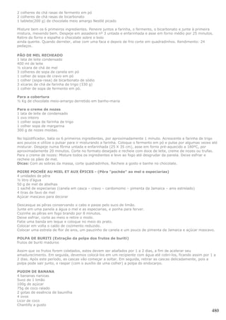 2 colheres de chá rasas de fermento em pó
2 colheres de chá rasas de bicarbonato
1 tablete(200 g) de chocolate meio amargo Nestlé picado

Misture bem os 6 primeiros ingredientes. Peneire juntos a farinha, o fermento, o bicarbonato e junte à primeira
mistura, mexendo bem. Despeje em assadeira nº 3 untada e enfarinhada e asse em forno médio por 25 minutos.
Retire do forno e espalhe o chocolate sobre o bolo
ainda quente. Quando derreter, alise com uma faca e depois de frio corte em quadradinhos. Rendimento: 24
pedaços.

PÃO DE MEL RECHEADO
1 lata de leite condensado
400 ml de leite
½ xícara de chá de mel
3 colheres de sopa de canela em pó
1 colher de sopa de cravo em pó
1 colher (sopa-rasa) de bicarbonato de sódio
3 xícaras de chá de farinha de trigo (330 g)
1 colher de sopa de fermento em pó.

Para a cobertura
½ Kg de chocolate meio-amargo derretido em banho-maria

Para o creme de nozes
1 lata de leite de condensado
1 ovo inteiro
1 colher sopa de farinha de trigo
1 colher sopa de margarina
300 g de nozes moídas.

No liqüidificador, bata os 6 primeiros ingredientes, por aproximadamente 1 minuto. Acrescente a farinha de trigo
aos poucos e utilize o pulsar para ir misturando a farinha. Coloque o fermento em pó e pulse por algumas vezes até
misturar. Despeje numa fôrma untada e enfarinhada (25 X 35 cm), asse em forno pré-aquecido a 180ºC, por
aproximadamente 20 minutos. Corte no formato desejado e recheie com doce de leite, creme de nozes ou trufas.
Para o creme de nozes: Misture todos os ingredientes e leve ao fogo até desgrudar da panela. Deixe esfriar e
recheie os pães de mel.
Dicas: Com as sobras da massa, corte quadradinhos. Recheie a gosto e banhe no chocolate.

POIRE POCHÉE AU MIEL ET AUX ÉPICES - (Pêra "pochée" ao mel e especiarias)
4 unidades de pêra
½ litro d’água
50 g de mel de abelhas
1 sachê de especiarias (canela em casca – cravo – cardomomo – pimenta da Jamaica – anis estrelado)
4 tiras de favo de mel
Açúcar mascavo para decorar

Descasque as pêras conservando o cabo e passe pelo suco de limão.
Junte em uma panela a água o mel e as especiarias, e ponha para ferver.
Cozinhe as pêras em fogo brando por 8 minutos.
Deixe esfriar, corte ao meio e retire o miolo.
Fatie uma banda em leque e coloque no meio do prato.
Colocar em volta o caldo de cozimento reduzido.
Colocar uma estrela de flor de anis, um pauzinho de canela e um pouco de pimenta da Jamaica e açúcar mascavo.

POLPA DE BURITI (Extração da polpa dos frutos de buriti)
frutos de buriti maduros

Assim que os frutos forem coletados, estes devem ser abafados por 1 a 2 dias, a fim de acelerar seu
amadurecimento. Em seguida, devemos colocá-los em um recipiente com água até cobri-los, ficando assim por 1 a
2 dias. Após este período, as cascas vão começar a soltar. Em seguida, retirar as cascas delicadamente, pois a
polpa pode sair junto, e raspar (com o auxílio de uma colher) a polpa do endocarpo.

PUDIM DE BANANA
4 bananas nanicas
Suco de 1 limão
100g de açúcar
75g de coco ralado
2 gotas de essência de baunilha
4 ovos
Licor de coco
Chantilly a gusto
                                                                                                              480
 