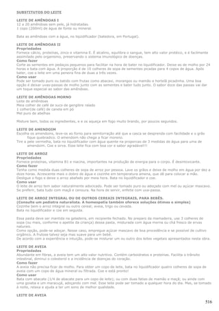 SUBSTITUTOS DO LEITE

LEITE DE AMÊNDOAS I
12 a 20 amêndoas sem pele, já hidratadas.
1 copo (200ml) de água de fonte ou mineral.

Bata as amêndoas com a água, no liqüidificador (batedora, em Portugal).

LEITE DE AMÊNDOAS II
Propriedades
Fornece cálcio, proteínas, zinco e vitamina E. É alcalino, equilibra o sangue, tem alto valor protéico, e é facilmente
assimilado pelo organismo, preservando o sistema imunológico de doenças.
Como fazer
Corte as sementes em pedaços pequenos para facilitar na hora de bater no liquidificador. Deixe-as de molho por 24
horas e bata com água. A proporção é de 10 colheres de sopa de sementes picadas para 4 copos de água. Após
bater, coe o leite em uma peneira fina de duas a três vezes.
Como usar
Pode ser tomado puro ou batido com frutas como abacaxi, morangos ou mamão e hortelã picadinha. Uma boa
opção é deixar uvas-passas de molho junto com as sementes e bater tudo junto. O sabor doce das passas vai dar
um toque especial ao sabor das amêndoas.

LEITE DE AMÊNDOAS MORNO
Leite de amêndoas
Meia colher de café de suco de gengibre ralado
1 colher(de café) de canela em pó
Mel puro de abelhas

Misture bem, todos os ingredientes, e e os aqueça em fogo muito brando, por poucos segundos.

LEITE DE AMENDOIM
Escolha os amendoins, leve-os ao forno para semitorração até que a casca se desprenda com facilidade e o grão
       fique quebradico. O amendoim não chega a ficar moreno.
Tire a pele vermelha, bata no liquidificador com água quente na proporcao de 3 medidas de água para uma de
       amendoim. Coe e sirva. Esse leite fica com boa cor e sabor agradável!!!

LEITE DE ARROZ
Propriedades
Fornece proteínas, vitamina B1 e niacina, importantes na produção de energia para o corpo. É desintoxicante.
Como fazer
Tenha como medida duas colheres de sopa de arroz por pessoa. Lave os grãos e deixe de molho em água por dez a
doze horas. Acrescente mais o dobro de água e cozinhe em temperatura amena, que dê para colocar a mão.
Desligue o fogo e deixe o arroz abafado por meia hora. Bata no liquidificador e coe.
Como usar
O leite de arroz tem sabor naturalmente adocicado. Pode ser tomado puro ou adoçado com mel ou açúcar mascavo.
Se preferir, bata tudo com maçã e cenoura. Na hora de servir, enfeite com uva-passa.

LEITE DE ARROZ INTEGRAL OU DE OUTROS CEREAIS INTEGRAIS, PARA BEBÊS.
(Consulte um pediatra naturalista. A homeopatia também oferece soluções ótimas e simples)
Cozinhe bem o arroz integral ou outro cereal; aveia, trigo ou cevada.
Bata no liquidificador e coe em seguida.

Essa pasta deve ser mantida na geladeira, em recipiente fechado. No preparo da mamadeira, use 3 colheres de
sopa (ou mais, conforme o apetite da criança) dessa pasta, misturada com água morna ou chá fresco de ervas
naturais.
Como opção, pode-se adoçar. Nesse caso, empregue açúcar mascavo de boa procedência e se possível de cultivo
orgânico. A frutose talvez seja mas suave para um bebê.
De acordo com a experiência e intuição, pode-se misturar um ou outro dos leites vegetais apresentados nesta obra.

LEITE DE AVEIA
Propriedades
Abundante em fibras, a aveia tem um alto valor nutritivo. Contém carboidratos e proteínas. Facilita o trânsito
intestinal, diminui o colesterol e a incidência de doenças do coração.
Como fazer
A aveia não precisa ficar de molho. Para obter um copo de leite, bata no liquidificador quatro colheres de sopa de
aveia com um copo de água mineral ou filtrada. Coe e está pronto!
Como usar
Bata com abacate (1/4 de abacate para um copo de leite); ou com duas fatias de mamão e maçã; ou ainda com
uma goiaba e um maracujá, adoçando com mel. Esse leite pode ser tomado a qualquer hora do dia. Mas, se tomado
à noite, relaxa e ajuda a ter um sono de melhor qualidade.

LEITE DE AVEIA

                                                                                                                   516
 