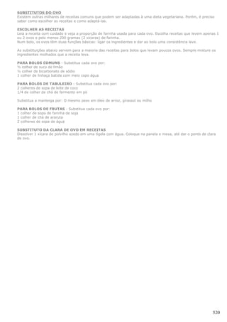 SUBSTITUTOS DO OVO
Existem outras milhares de receitas comuns que podem ser adaptadas à uma dieta vegetariana. Porém, é preciso
saber como escolher as receitas e como adaptá-las.

ESCOLHER AS RECEITAS
Leia a receita com cuidado e veja a proporção de farinha usada para cada ovo. Escolha receitas que levem apenas 1
ou 2 ovos e pelo menos 200 gramas (2 xícaras) de farinha.
Num bolo, os ovos têm duas funções básicas: ligar os ingredientes e dar ao bolo uma consistência leve.

As substituições abaixo servem para a maioria das receitas para bolos que levam poucos ovos. Sempre misture os
ingredientes molhados que a receita leva.

PARA BOLOS COMUNS - Substitua cada ovo por:
½ colher de suco de limão
½ colher de bicarbonato de sódio
1 colher de linhaça batida com meio copo água

PARA BOLOS DE TABULEIRO - Substitua cada ovo por:
2 colheres de sopa de leite de coco
1/4 de colher de chá de fermento em pó

Substitua a manteiga por: O mesmo peso em óleo de arroz, girassol ou milho

PARA BOLOS DE FRUTAS - Substitua cada ovo por:
1 colher de sopa de farinha de soja
1 colher de chá de araruta
2 colheres de sopa de água

SUBSTITUTO DA CLARA DE OVO EM RECEITAS
Dissolver 1 xícara de polvilho azedo em uma tigela com água. Coloque na panela e mexa, até dar o ponto de clara
de ovo.




                                                                                                             520
 
