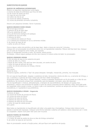 SUBSTITUTOS DO QUEIJO

QUEIJO DE AMÊNDOAS APIMENTADO
Misture os seguintes ingredientes numa tigela:
2 xícaras de polpa de amêndoas que ficou do leite
1/4 de xícara de azeite de oliva
1/2 copo de suco de limão
1/2 colher de chá de sal
1/2 xícara de cebola cortadinha
1/2 xícara de pimentão vermelho cortadinho

Decore com pequenos tomates. Serve 4 pessoas.

QUEIJO BRANCO DURO VEGAN
300 ml de água mineral
2 colheres de pó de ágar-ágar
100 g de castanhas de caju
12,5 g de fermento biológico em pedaços
3 colheres de suco de limão
2 colheres de tahini
1 a 2 colheres de cebola em flocos
1 a 2 colheres de mostarda em pó ou sementes moídas
¼ de comer de sopa de sal
1 colher de alho em flocos

Ferva a água e sobre ela polvilhe o pó do ágar-ágar. Agite e mexa por cerca de 3 minutos.
Coloque em um processador de alimentos junto com os ingredientes restantes. Misture até ficar bem liso. Coloque
em um pote de margarina como molde, por exemplo.
Deixe no refrigerador durante a noite. De manhã, estará pronto.
Se desejar, misture alguns pedaços de tofu duro (pouco) à mistura antes de bater no processador.

QUEIJO CREMOSO VEGAN
½ litro de leite de soja ou de castanha-do-pará
1 dente de alho cru, inteiro
1 dente de alho moído, frito até ficar bem dourado, em azeite de oliva
1 colher de sopa de gérmen de trigo
1 colher de chá de sementes de linhaça, inteiras
Cominho
Sal a gosto
Azeite de oliva
Temperos agosto, conforme o “tipo” de queijo desejado: Estragão, manjericão, pimenta, noz-moscada

Em um copo de liquidificador, despeje o substituto do leite. Acrescente o dente de alho cru, a semente de linhaça, o
sal, o cominho e o gérmen de trigo e bata tudo até ficar 100% homogêneo.
Acrescente então o alho frito e, sempre batendo, comece a despejar lentamente um fio de azeite ou o óleo de sua
preferência. No momento emque ficar consistente, pare de despejar e de bater, para não desandar.
Tire do liquidificador e misture, delicadamente, o tempero de sua preferência. Se desejar um queijo mais
amarelinho, misture uma pontinha de açafrão e outra de colorau enquanto estiver batendo o leite. Esse paté pode
ser espalhado sobre pizzas e tortas, ou sobre o pão e em sanduíches. Lembre-se sempre de verificar o tempero e a
consistência, e ir ajustando à sua preferência.

QUEIJO MUSSARELA VEGAN - Veganrela
2 xícaras de água
1/2 xícara de levedo de cerveja em flocos
1/2 xícara de aveia em flocos
2 colheres de sopa de tahine
4 colheres de sopa de araruta
4 colheres de sopa de suco de limão
1 colher de sopa de cebola picada
sal a gosto

Bata todos os ingredientes no liquidificador até obter uma pasta lisa e homogênea. Coloque esta mistura numa
panela e cozinhe até engrossar. Coloque numa forma redonda e coberta com plástico e deixe descansar por 1 noite
no congelador. Depois você pode ralar para usar na pizza.

QUEIJO PARMA DE PINHÕES
1 xícara de pinhões
1 ½ colher de sopa de azeite de oliva ou óleo de linhaça comestível
¾ de colher de sopa de sal marinho

Bata no processador usando a função pulsar, até que fique com aparência de queijo.

                                                                                                                521
 