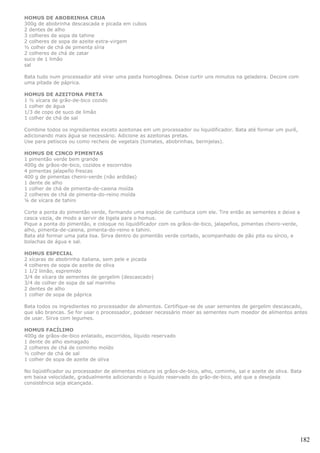 HOMUS DE ABOBRINHA CRUA
300g de abobrinha descascada e picada em cubos
2 dentes de alho
3 colheres de sopa de tahine
2 colheres de sopa de azeite extra-virgem
½ colher de chá de pimenta síria
2 colheres de chá de zatar
suco de 1 limão
sal

Bata tudo num processador até virar uma pasta homogênea. Deixe curtir uns minutos na geladeira. Decore com
uma pitada de páprica.

HOMUS DE AZEITONA PRETA
1 ½ xícara de grão-de-bico cozido
1 colher de água
1/3 de copo de suco de limão
1 colher de chá de sal

Combine todos os ingredientes exceto azeitonas em um processador ou liquidificador. Bata até formar um purê,
adicionando mais água se necessário. Adicione as azeitonas pretas.
Use para petiscos ou como recheio de vegetais (tomates, abobrinhas, berinjelas).

HOMUS DE CINCO PIMENTAS
1 pimentão verde bem grande
400g de grãos-de-bico, cozidos e escorridos
4 pimentas jalapeño frescas
400 g de pimentas cheiro-verde (não ardidas)
1 dente de alho
1 colher de chá de pimenta-de-caiena moída
2 colheres de chá de pimenta-do-reino moída
¼ de xícara de tahini

Corte a ponta do pimentão verde, formando uma espécie de cumbuca com ele. Tire então as sementes e deixe a
casca vazia, de modo a servir de tigela para o homus.
Pique a ponta do pimentão, e coloque no liquidificador com os grãos-de-bico, jalapeños, pimentas cheiro-verde,
alho, pimenta-de-caiena, pimenta-do-reino e tahini.
Bata até formar uma pata lisa. Sirva dentro do pimentão verde cortado, acompanhado de pão pita ou sírcio, e
bolachas de água e sal.

HOMUS ESPECIAL
2 xícaras de abobrinha italiana, sem pele e picada
4 colheres de sopa de azeite de oliva
1 1/2 limão, espremido
3/4 de xícara de sementes de gergelim (descascado)
3/4 de colher de sopa de sal marinho
2 dentes de alho
1 colher de sopa de páprica

Bata todos os ingredientes no processador de alimentos. Certifique-se de usar sementes de gergelim descascado,
que são brancas. Se for usar o processador, podeser necessário moer as sementes num moedor de alimentos antes
de usar. Sirva com legumes.

HOMUS FACÍLIMO
400g de grãos-de-bico enlatado, escorridos, líquido reservado
1 dente de alho esmagado
2 colheres de chá de cominho moído
½ colher de chá de sal
1 colher de sopa de azeite de oliva

No liqüidificador ou processador de alimentos misture os grãos-de-bico, alho, cominho, sal e azeite de oliva. Bata
em baixa velocidade, gradualmente adicionando o líquido reservado do grão-de-bico, até que a desejada
consistência seja alcançada.




                                                                                                                 182
 