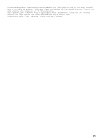 Refogue os vegetais com o azeite em uma panela revestida com Teflon. Deixe cozinhar em fogo baixo, pingando
água se necessário, até amolecer. Polvilhe a farinha de trigo, adicione o leite e mexa até engrossar. Tempere com
sal e adicione a salsa. Coloque em um refratário para esfriar.
Depois de firme, corte no formato desejado e passe pelas claras e pelas farinhas. Coloque em uma assadeira
revestida com Teflon e pincele com o azeite misturado com a água, dos dois lados.
Asse em forno médio (180ºC) até dourar, virando depois de 10 minutos.




                                                                                                               236
 