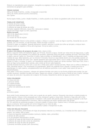 Misture os ingredientes para empanar, mergulhe os vegetais e frite-os no óleo de canola. Se desejar, espalhe
sementes de gergelim para enfeitar.

TEXAS CAVIAR
400 g de feijão-fradinho, cozido, enxaguado e escorrido
200 g de molho picante pronto (mexicano)
sal a gosto

Numa tigela média, junte o feijão-fradinho, o molho picante e sal. Deixe na geladeira até a hora de servir.

TIGELA DE VEGETAIS
4 xícaras de arroz cozido
1 xícara de molho teriyaki
2 colheres de sopa de amido de milho
Variados vegetais (Brócolis, couve-flor, cenouras e cebola)
Lascas de frango vegan ou tofu (opcional)
Molho teriyaki
100 ml de saquê doce (mirin)
100 ml de shoyu
1/2 xícara de chá de açúcar

Molho teriyaki: misture numa panela o saquê, o shoyu e o açúcar. Leve ao fogo e cozinhe, mexendo de vez em
quando, por 10 minutos, ou até encorpar. Retire do fogo e reserve.
Cozinhe a vapor os vegetais. Quando estiverem cozidos, adicione o amido de milho ao teriyaki e misture bem.
Despeje sobre os vegetais e ferva até engrossar. Sirva-os sobre o arroz.

TOFU CASEIRO
É este o trio básico de preparo da soja: leite, okara e tofu.
Deixe a soja de molho em bastante água, por 8 horas. Escorra a água. Cozido por meia hora em água pura, o grão
de soja é ótimo para saladas e no preparo de sorvetes, pastinhas para tira-gosto e batidas de fruta. Para fazer tofu
e okara, usa-se o grão cru. Escorrido o molho, bata os grãos no liquidificador, com 3 medidas de água para cada
medida de soja. Bata bastante, por no mínimo 5 minutos. Escorra a soja batida dentro de uma panela usando um
guardanapo de tecido fino para coar. Aperte bastante para aproveitar bem o suco e isolar a polpa. O líquido assim
obtido é o leite, e a polpa, a okara, um ingrediente supernutritivo usado em várias receitas. Para fazer tofu, leve o
leite ao fogo numa panela bem grande, pois o leite ao ferver sobe bastante.
Quando levantar fervura, corte com o suco de 1 limão para cada 4 xícaras de leite. Mexa com a colher e desligue o
fogo, deixando esfriar. Coe novamente no guardanapo, desta vez jogando fora o líquido. A polpa que fica no
guardanapo é o tofu caseiro, completamente livre de aditivos químicos e com sabor mais suave do que os
industrializados.
Para obter o tofu duro (momen), coloque em peneira forrada com pano ou em forma própria para queijo (as que
contêm buracos), também forrada com pano. Depois de colocar o coalho na forma e fechá-la com o pano, coloque
um peso de cerca de 1 Kg sobre ele e espere 10 minutos. Desenforme dentro de água corrente e fria.

TOFU COLORIDO
1/2 bloco de tofu
1 cenoura ralada
1/2 cebola picada
5 azeitonas picadas
1 colher de sobremesa de azeite
sal
salsa
pimenta a gosto

Num prato fundo amassa bem o tofu com a ajuda de um garfo, reserva. Enquanto isso doura a cebola picada no
azeite quente. Coloca o tofu amassado por cima, tempera a gosto e mexe bem. Mantem o fogo alto até o tofu
ferver. Deixa cozinhar em fogo brando e mantem o tofu assim até grande parte da sua água evaporar e ele ficar
douradinho (aproximadamente 8 minutos). Não te esqueças de mexer sempre para não grudar.
Por fim adiciona as azeitonas picadas, a cenoura ralada e mistura bem. Espera mais 2 minutos para amolecer um
pouco a cenoura. Serve quente com arroz integral ou no meio do pão.
Dica: Esta receita é também ótima para substituir patês e margarinas no pão.

TOFU EM MOLHO PICANTE
1 tofu duro (momen), encontrado em lojas de produtos naturais ou orientais, ou 2 receitas de tofu caseiro (que
pesam, em média, 600 g cada)
1 xícara de legumes variados picados (cenoura, batata, nabo, pimentão)
2 dentes de alho picados
3 cm de gengibre descascado e picado
2 colheres de sopa de talo branco da cebolinha
2 colheres de sopa de talo verde da cebolinha
2 colheres de sopa de óleo de gergelim
1 pimenta vermelha picada (sem sementes)

                                                                                                                  334
 