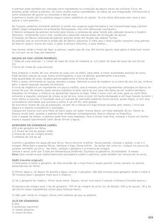 A pekmez pode também ser utilizada como ingrediente na confecção de alguns doces da culinária Turca. No
entanto, pode utilizar a pekmez, tal como muitos outros ingredientes, ao sabor da sua imaginação, introduzindo-a
como substituto de açúcar ou chocolate e até de ovos.
A pekmez é muito útil na culinária vegan e como substituto do açúcar. Já criei bolos deliciosos sem ovos e sem
açúcar e com pekmez...

Na Turquia, podemos encontrar pekmez à venda nos vulgares supermercados e nas maravilhosas lojas Lokman
Hekim (lojas comparáveis às ervanárias Portuguesas, mas com diferenças inevitáveis).
O fabrico artesanal da pekmez remonta pelo menos a centenas de anos, tendo sido utilizada durante o Império
Otomano. Juntamente com o mel, constituía o adoçante natural antes da introdução do açúcar.
A tradição do fabrico artesanal da pekmez persiste ainda em muitas das aldeias Turcas.
As pekmez que se encontram à venda são de fabrico industrial. É claro que o ideal é poder consumir uma pekmez
de fabrico caseiro. Como em tudo, o sabor é sempre diferente, e para melhor...

Vou revelar então o modo de fazer a pekmez, neste caso de uva. Em termos gerais, esta geleia é feita com mosto
de uva que vai ao fogo até espessar.

GELÉIA DE UVA (ÜZÜM PEKMEZI)
7 500g de uvas brancas * 1 colher de sopa de cinza de madeira ou 1/2 colher de sopa de casca de ovo em pó
OU
3 litros de mosto de uvas brancas

Para preparar o mosto de uva, amasse as uvas com as mãos, para obter a maior quantidade possível de sumo.
Pode sempre colocar as uvas numa centrifugadora, o que irá facilitar grandemente o processo.
Esta quantidade de uvas, renderá aproximadamente 3 litros de sumo.
Filtre o sumo, eliminando as cascas, pevides e polpa. Adicione a cinza de madeira ou a casca de ovo em pó, misture
bem, e deixe repousar durante 10 minutos.
A cinza de madeira é um ingrediente um pouco insólito, mas é mesmo um dos ingredientes utilizados no fabrico do
mosto de uva. No entanto, pode sempre substituí-lo pela casca de ovo (que não deixa de ser insólito também).
Passados 10 minutos, a mistura vai apresentar espuma no topo. Filtre o sumo com um tule, gaze ou outro filtro,
retirando a espuma, vestígios de cinzas ou pó de ovo. Leve a cozer em tacho destapado e em fogo brando durante 1
hora. Retire a espuma. O resultado será um xarope de coloração castanha muito escura, quase negra, e com uma
consistência intermédia que envolve a colher e cai em fio, sem gotejar.
Se encontrar mosto de uva já preparado, só tem de o colocar em fogo brando durante pelo menos 1 hora até
adquirir a mesma consistência e coloração.
Coloque em frascos com uma folha de louro (para um sabor menos doce), em local afastado da luz. Feche os
frascos muito bem, quando a pekmez tiver arrefecido completamente. Nunca coloque no frigorífico.
Com o passar do tempo, a pekmez pode ficar mais espressa. Para a tornar mais fina, coloque o frasco em banho-
maria e aqueça ligeiramente (sem deixar ferver a água).

GENGIBRE EM CONSERVA (GARI)
400 g de gengibre em fatias
1/2 xícara de chá de açúcar União
1 xícara de chá de vinagre branco
3 colheres de chá de sal

Cozinhe o gengibre em água até que ferva. Deixe escorrer e esfriar. Numa panela, coloque o açúcar, o sal e o
vinagre. Mexa bem e quando ferver, desligue o fogo. Deixe esfriar. Se quiser dar uma cor, coloque um pouco de
corante vermelho ou curry. No vidro, coloque o gengibre e a mistura do vinagre.
Tampe e deixe curtir por 3 dias em temperatura ambiente. Guardue na geladeira. Durabilidade: 6 meses
Dica: Esta conserva que tradicionalmente acompanha sushis e sashimis, pode também ser consumida no arroz.

GARI (receita original)
1) Descascar e cortar o gengibre. As fatis deverão ser o mais finas e largas posível. Cortar sempre no sentido
perpendicular às fibras.

2) Ferver água e, só depois de quente a água, colocar o gengibre. São dez minutos para gengibre verde e macio e
30 minutos para o gengibre mais duro e maduro;

3) Se o gengibre for maduro, ferver duas vezes. Depois, torcer num pano e colocar o tempero (receita abaixo);

4) tempero de vinagre para 1 Kg de gengibre: 750 ml de vinagre de arroz (ou de álcool); 500 g de açúcar, 50 g de
sal (ferver esses ingredientes juntos para misturar bem);

5) Não usar metal no vinagre, mexer com colheres de pau ou plástico.

JILÓ EM CONSERVA
8 jilós
4 azeitonas (opcional)
½ cebola pequena
½ xícara de óleo

                                                                                                                 424
 