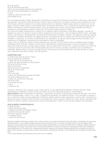 80 g de açúcar
60 g de fermento para pão
100 g de uvas-passas escuras sem sementes
80 g de frutas cristalizadas em cubinhos
4 ovos
raspas da casca de meio limão
uma pitada de sal

Em uma tigela grande e funda, desmanche o fermento em meio litro de água morna (máximo 30 graus, mais fria do
que quente); acrescente 100 g de farinha, misture, faça um talho em cruz sobre a massa e deixe levedar por 20 a
25 minutos, cobrindo a tigela com um pano grosso (como um cobertor). Depois disso, abaixe a massa com um só
golpe, usando a colher de pau, e acrescente mais 125 gramas de farinha e 2 a 3 colheres de sopa de água morna.
Misture novamente e deixe a massa crescer outra vez coberta com o pano, até que tenha dobrado de volume.
Coloque as uvas-passas de molho em água por 15 minutos e depois escorra e seque-as.
Em uma outra tigela, dissolva bem o açúcar em um dedo de água. Acrescente a esse água adoçada, usando um
batedor de ovos, as 4 gemas e mais ou menos metade de uma das claras. Leve ao fogo em banho-maria, mexendo
sempre, até aquecer e homogeneizar. Acrescente 90 gramas da manteiga e misture. Na tigela da massa já crescida,
acrescente o restante da farinha, as raspas de limão, uma pitada de sal e a mistura de ovos já morna (quase fria).
Trabalhe a massa por 15 minutos, acrescentando, se necessário, um pouco mais de água morna, até obter uma
massa lisa e homogênea. Acrescente as uvas passas e frutas cristalizadas.
Ligue o forno a 200 graus. Deixe a massa repousar por cerca de 15-20 minutos. Unte um pedaço longo de papel
manteiga e forre com ele o interior de uma forma redonda alta (o papel deve pegar o fundo, as laterais e chegar
acima da borda da forma). Coloque nela a massa. Faça um talho em forma de cruz no alto da massa. Leve ao forno
e asse por cerca de uma hora. Dez minutos depois de colocar no forno, pincele a superfície com o restante da
manteiga. Abaixe então um pouco a temperatura do forno (para cerca de 180 graus), mas não demais, de modo
que o panetone fique bem corado, mas não queime.

PANETONE DIET
2 colheres de sopa de açúcar magro
25 g de açúcar de confeiteiro
1 colher de chá de canela em pó
1 colher de sopa de essência de panetone
750 g de farinha de trigo
80 g de fermento
250 g de frutas cristalizadas
250 g de frutas secas
3 gemas
150 ml de leite
1 colher de sobremesa de raspas de limão
150 g de manteiga sem sal
1 colher de café de noz-moscada
100 g de nozes
¼ de colher de óleo
3 ovos
1 pitada de sal

Dissolva o fermento com o açúcar, junte o leite morno, 2 ovos ligeiramente batidos e 250g de farinha e bata
rapidamente na batedeira. Deixe crescer até dobrar de volume enquanto prepara a massa básica.
Massa Básica: Bata na batedeira a manteiga, o adoçante e as gemas à temperatura ambiente até obter um creme
fofo e esbranquiçado. Junte 1 ovo, o óleo, a essência de panetone, as raspas de limão, a noz-moscada, a canela e o
sal, e continue a bater até que esteja liso e brilhante. Depois junte ao outro preparado e misture bem. Acrescente a
farinha de trigo e amasse o bolo até obter uma massa lisa, macia e enxuta. Misture as frutas, deixe-a descansar até
dobrar de volume, aplique a gema e leve ao forno pré-aquecido a 180ºC e asse até que estejam bem dourados.

PÃO ALEMÃO (DAMPFNUDELN)
2 copos de leite
1 Kg de farinha de trigo
1 tablete de fermento biológico fresco
2 colheres de sopa de açúcar
100 g de margarina Qualy
1 unidades de ovo
1 colher de café de sal

Dissolva o tablete de fermento no leite morno, junte o açúcar e uma parte de farinha de trigo até atingir a consistência de panqueca.
Deixe descansar, numa vasilha enrolada em pano limpo, durante 2 horas, no mínimo, em lugar morno e que não pegue vento.
Quando a massa estiver bem crescida, juntam-se os outros ingredientes e o resto da farinha de trigo. Trabalhe a massa muita bem
até despregar das mãos. Faça bolas mais ou menos do tamanho de um limão. Coloque-as numa panela untada com manteiga e
deixe descansar por 30 minutos com a panela bem fechada. Depois de 30 minutos coloque leite fervente na panela até cobrir as
bolas. Deixe cozinhar, no fogo brando, sempre conservando a panela bem fechada, e num ambiente sem correnteza, durante meia
hora.
Fica um pão delicioso que serve para comer com doce ou salgado.

                                                                                                                                 432
 