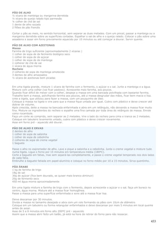 PÃO DE ALHO
½ xícara de manteiga ou margarina derretida
½ xícara de queijo ralado tipo parmesão
¼ colher de chá de sal
1 dente de alho socado
2 filões de pão francês

Cortar o pão ao meio, no sentido horizontal, sem separar as duas metades. Com um pincel, passar a manteiga ou a
margarina derretida sobre as superfícies cortadas. Espalhar o sal de alho e o queijo ralado. Colocar o pão sobre uma
assadeira e assar em forno previamente aquecido por 10 minutos ou até começar a dourar. Servir quente.

PÃO DE ALHO COM AZEITONAS
Massa
Farinha de trigo suficiente (aproximadamente 2 xícaras )
1 colher de sopa de de fermento biológico seco
1 colher de sopa de de açúcar
1 colher de sopa de de manteiga
1 colherer de chá de sal
1 xícara de água morna
Recheio
2 colheres de sopa de manteiga amolecida
3 dentes de alho amassados
½ xícara de azeitonas bem picadas


Em uma tigela grande, misture 1 xícara de farinha com o fermento, o açúcar e o sal. Junte a manteiga e a água.
Misture com uma colher (vai ficar pastoso). Acrescente mais farinha, aos poucos.
Quando ficar difícil de mexer com a colher, despeje a massa em uma bancada polvilhada com bastante farinha.
Trabalhe bem a massa, polvilhando farinha aos poucos, até a massa desgrudar das mãos, ficar bem macia e lisa.
Unte a tigela, que utilizou para fazer a massa, com um pouquinho de óleo.
Coloque a massa na tigela e vire para que a massa fique untada por igual. Cubra com plástico e deixe crescer até
dobrar de volume.
Após crescida, deite a massa na bancada enfarinhada e abra em um retângulo, não deixando a massa ficar muito
fina. Misture os ingredientes do recheio e espalhe uma fina camada por toda área do retângulo de massa. Enrole
como rocambole.
Faça um corte ao comprido, sem separar as 2 metades. Vire o lado do recheio para cima e trance as 2 metades.
Coloque em tabuleiro levemente untado, cubra com plástico e deixe crescer novamente.
Asse em forno pré - aquecido até dourar.

PÃO DE ALHO E ERVAS
2 dentes de alho
1 colher de sopa de salsinha
1 colher de sopa de cebolinha
2 colheres de sopa de creme vegetal
1 baguete

Passe o alho no espremedor de alho. Lave e pique a salsinha e a cebolinha. Junte o creme vegetal e misture tudo
numa tigela. Ligue o forno por 15 minutos em temperatura média (180ºC).
Corte a baguete em fatias, mas sem separá-las completamente, e passe o creme vegetal temperado nos dois lados
de cada fatia.
Embrulhe a baguete fatiada em papel-alumínio e coloque no forno médio por 10 a 15 minutos. Sirva quentinho.

PÃO ÁRABE
1 kg de farinha de trigo
18g de sal
30g de açúcar (fica bem dourado, se quiser mais branco diminuir)
20g de fermento seco
450 ml água morna aproximadamente

Em uma tigela misture a farinha de trigo com o fermento, depois acrescente o açúcar e o sal. faça um buraco no
centro, água morna. Misture até a massa ficar homogênea.
Passe a massa para uma superfície enfarinhada e sove até a massa ficar lisa.

Deixe descansar por 30 minutos.
Divida a massa no tamanho desejado e abra com um rolo formando os pães com 10cm de diâmetro.
Coloque em um tabuleiro ou forma retangular enfarinhados e deixe descansar por mais 5 minutos em local quente
antes de assar.
Asse de 5 a 8 minutos em forno alto 200ºC pré - aquecido
Assim que a massa abrir feito um balão, já está na hora de retirar do forno para não ressecar.

                                                                                                                 433
 