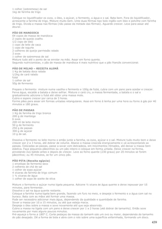 1 colher (sobremesa) de sal
1kg de farinha de trigo

Coloque no liquidificador os ovos, o óleo, o açúcar, o fermento, a água e o sal. Bata bem. Fora do liquidificador,
acrescente a farinha de trigo. Misture muito bem. Unte duas fôrmas tipo bolo inglês com óleo e polvilhe com farinha
de trigo. Divida a massa nas fôrmas (não passe da metade das fôrmas). Aguarde crescer. Leve para assar até
dourar.

PÃO DE MANDIOCA
04 copos de massa de mandioca
2 copos de queijo coalho
1/2 copo de óleo
1 copo de leite de vaca
1 copo de iogurte
2 colheres de queijo parmesão ralado
3 ovos
1 colher de sobremesa de sal
Misture tudo até o ponto de se enrolar na mão. Assar em forno quente.
Segundo nutricionistas, o pão de massa de mandioca é mais nutritivo que o pão francês convencional.

PÃO DE MILHO – RECEITA ALEMÃ
1 Kg de batata doce ralada
1/2kg de cará ralado
fubá
1 colher de sal
50g de fermento

Prepare o fermento: misture numa vasilha o fermento e 100g de fubá, cubra com um pano para azedar e crescer.
Ferva água, escalde a batata e deixe esfriar. Misture o cará cru, a massa fermentada, a batata e o sal e
gradualmente adicione o fubá até obter uma massa mole.
Cubra e espere crescer por cerca de 3 horas.
Forme pães para assar em formas untadas retangulares. Asse em forno à lenha por uma hora ou forno à gás por 40
minutos a 180 graus.

PÃO DE PASSAS
1 Kg de farinha de trigo branca
200 g de manteiga
6 ovos
200 ml de leite morno
50 g de fermento
250 g de passas
300 g de açúcar
10 g de sal.

Dissolva o fermento no leite morno e então junte a farinha, os ovos, açúcar e o sal. Misture tudo muito bem e deixe
crescer por 2 a 3 horas, até dobrar de volume. Abaixe a massa crescida energicamente e vá acrescentando as
passas. Colocadas as passas, passe a sovar com delicadeza, em movimentos ritmados, até deixar a massa bem
elástica. Faça pequenos pãezinhos ou um pão inteiro e coloque em forma untada. Deixe crescer na forma,
pincelando ovo batido antes e depois de crescer. Leve ao forno quente (230 graus) por 20 minutos se forem
pãezinhos; ou 45 minutos, se for um único pão.

PÃO PITA (Receita egípcia)
1 envelope de fermento seco
2 colheres de chá de sal
1 colher de sopa açúcar
4 xícaras de farinha de trigo comum
1 ½ xícaras de água
1 colher de sopa de azeite de oliva

Misture o fermento e açúcar numa tigela pequena. Adicone ½ xícara de água quente e deixe repousar por 10
minutos, para fermentar.
Dissolva o sal na água quente restante.
Coloque a farinha numa tigela bem grande, fazendo um furo no meio, e despeje o fermento e a água com sal no
buraco. Bata com as mãos até formar uma massa.
Pode ser necessário adicionar mais água, dependendo da qualidade e quantidade de farinha.
Sovar a massa por 10 a 15 minutos, ou até que esteja macia.
Despeje o óleo sobre a massa e sove novamente até que seja absorvido.
Cubra a massa na tigela com um pano e deixe crescer por 1 a 2 horas (até dobrar de tamanho). Então sove
novamente por mais alguns poucos minutos.
Pré-aqueça o forno a 180° C. Corte pedaços da massa do tamanh ode um ovo ou maior, dependendo do tamanho
do pão desejado. Dê a forma de bola e abra com o rolo sobre uma superfície enfarinhada, formando um disco.

                                                                                                               439
 
