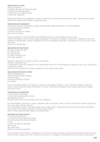 BISCOITO DA TITIA
200 g de maisena
5 colheres de sopa de farinha de trigo
5 colheres de sopa de açúcar
1 pacote de coco ralado de 50 g
1 xícara de margarina

Amassa bem todos os ingredientes, modele os biscoitos e arrume em assadeira sem untar . Asse em forno médio
até ficarem ligeiramente coradas na parte de baixo.

BISCOITOS DE GERGELIM
Uma ótima forma de reaproveitar a polpa das sementes depois de preparar o leite de gergelim.
5 copos de polpa de gergelim
2 copos de passas
3 colheres de sopa de melado
suco de uma laranja

Passe as passas e o suco de laranja no processador até que a mistura fique como um purê.
Ponha numa tigela e misture com a polpa de gergelim. Acrescente o melado e misture bem. Espalhe a mistura na
bandeja do desidratador usando a espátula e corte em quadrados. Desidrate a 110 graus por 12 a 15 horas ou até
ficar seco.
Forma 15 a 20 biscoitos.

BISCOITO DE POLVILHO
03 copos de polvilho doce
01 copo de óleo
01 copo de água
01 colher de chá de sal
Ovos para amassar

Escaldar o polvilho com a água, o óleo e o sal. Esfriar.
Amassar colocando ovos.
A massa deve ficar mole. Colocar em um saquinho de leite com um furo pequeno e espremer, um a um, os biscoitos
no tabuleiro untado.
Assar em forno quente no princípio e depois em forno brando para secar.

BOLACHAS DE BATATA DOCE
250g de batatas-doce
1kg de farinha de trigo integral
¾ litro de água
fermento de padeiro a gosto
sal a gosto

Cozinhe as batatas-doces e esmague-as. Coloque numa tigela a farinha, o sal e o fermento. Misture e faça um
buraco. Deite lentamente água, as batatas e a massa. Faça bolas achatadas, deixe levedar duas horas e depois
asse-as no forno.

BOLINHAS DE GERGELIM
1 lata de leite condensado
1 xícara de chá de gergelim branco
Manteiga para untar
Gergelim para envolver as bolinhas, que nem brigadeiro.

Em uma frigideira, fogo baixo, ponha o gergelim (não é necessário untar). Doure as sementes, sempre misturando
com uma colher de pau. Reserve.
Em outra panela, ponha o leite condensado, leve ao fogo baixo, misturando sem parar até que tenha consistência
para enrolar. Acrescente o gergelim, misture e deixe esfriar.
Unte as mãos, faça bolinhas e passe nas sementinhas.

BOLINHO DE FUBÁ FRITO
1 xícara de chá de fubá
1/2 xícara de chá de farinha de trigo
3/4 de xícara de chá de leite fervente
3 ovos
1 colher de sopa de manteiga
Sal a gosto
Óleo para fritar
Açúcar e canela para polvilhar

Em uma tigela funda, peneire o fubá junto com a farinha de trigo e adicione o leite fervente. Misture bem com uma
colher de pau e espere amornar. Acrescente as gemas, a manteiga e uma pitada de sal, batendo bem após cada

                                                                                                               453
 