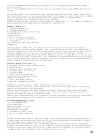 com um chicote (batedor de ovos manual, pra quem não conhece) ou espátula até misturar tudo. Acrescente o
fermento e misture.
Coloque em forma (17 cm de diâmetro) com furo no meio e asse em forno pré aquecido, a 190ºC, por cerca de 40
minutos.

Para a cobertura, ferva o leite vegetal, acrescente o chocolate em pequenos pedaços e o melado e mexa em fogo
baixo até começar a aparecer o fundo da panela (para testar o ponto, coloque um pouco da calda sobre as costas de
uma colher e verifique se a calda pára de escorrer enquanto assopra - lembra um brigadeiro mole).
Coloque a calda sobre o bolo ainda quente e espere esfriar para servir.
Dica: Se você não tiver leite vegetal pronto na geladeira, bata no liquidificador 1/2 xícara de água com uma colher
(sobremesa) de aveia em flocos grossos. Coe apertando bem e use na receita.

BOLO DE CHOCOLATE
2 xícaras de farinha de trigo
1 e 3/4 xícaras de açúcar
½ xícara de manteiga temperatura ambiente
¾ xícara de água
½ xícara de leite
1 colher de chá de fermento em pó
1 colher de chá de essência de baunilha
2 ovos graudos
100 g de chocolate meio amargo derretido
pitada de sal

Pré-aqueça o forno a 180ºC. Unte e enfarinhe o fundo e laterais de duas assadeiras de bolo redondas com
aproximadamente 25 cm de diâmetro. Se preferir, pode utilizar assadeiras retangulares. Coloque na batedeira a
manteiga e metade do açúcar, bata até obter uma textura lisa e cremosa. Acrescente os ovos, um a um, batendo
até obter uma textura cremosa e um bom volume. Coloque a essência de baunilha. Abaixe a velocidade e
acrescente delicadamente o chocolate derretido. Misture o leite e a água em um recipiente, peneire a farinha com o
fermento e o sal e coloque em outro recipiente. Com a batedeira em velocidade mínima vá acrescentando a mistura
de farinha alternadamente com a de leite, começando e terminando com a farinha. Divida a massa nas assadeiras e
asse por cerca de 30 minutos. Retire do forno e deixe esfriar.

BOLO DE CHOCOLATE DE MENTIRA
4 colheres de sopa de margarina vegetal amolecida
1 xícara de açúcar
2 colheres de sopa de chocolate em pó
4 colheres de sopa de água fervente
2 xícaras de farinha
1 colher de chá de fermento em pó
½ colher de chá de bicarbonato de sódio
3/4 de xícara de leite de aveia
1 colher de sopa de suco de limão
3 ou 4 gotas de essência de baunilha

Método: bater como creme. Forno: 180ºc – médio. Tempo de cozimento: 20 minutos.
Numa xícara, dissolva o chocolate na água fervente. Numa outra xícara, misture o suco de limão e o leite. Deixe
descansar por alguns minutos até o leite coalhar.
Enquanto isso, numa tigela grande, bata a margarina e o açúcar até obter uma mistura leve de consistência
cremosa. Peneire o bicarbonato e o fermento. Junte o leite coalhado aos poucos e misture levemente. Junte o
chocolate dissolvido e a ess ncia de baunilha. Misture bem.
Despeje a mistura na forma untada e leve ao forno por 20 minutos. Verifique se o centro está seco. Se não estiver,
deixe no forno por mais alguns minutos. Quando frio, recheie com creme chantilly ou doce de leite.

BOLO CHOCOLATE MOLHADINHO
200 g de manteiga sem sal
1/2 xícara de açúcar
250 g de chocolate meio amargo
200 g de chocolate ao leite
1/2 xícara de água fervente
1 e 1/4 xícaras de farinha de trigo
1 colher de chá de fermento em pó
3 ovos

Coloque em um recipiente 150 g de chocolate ao leite e 150 g do chocolate meio amargo. Acrescente a manteiga e
o açúcar. Leve ao fogo em banho-maria misturando até que os ingredientes estejam derretidos. Retire do fogo e
acrescente a água fervente, misture novamente. Deixe amornar.
Em outra tigela, misture a farinha de trigo e o fermento, acrescente os ovos levemente batidos e a mistura de
chocolate, não misture em excesso, deve ficar meio empelotado. Despeje a massa em uma assadeira retangular de
20x30 cm untada e enfarinhada. Pique o chocolate restante e salpique sobre a massa. Leve para assar em forno
médio por cerca de 40 minutos. Deixe esfriar completamente para desenformar.

                                                                                                               457
 