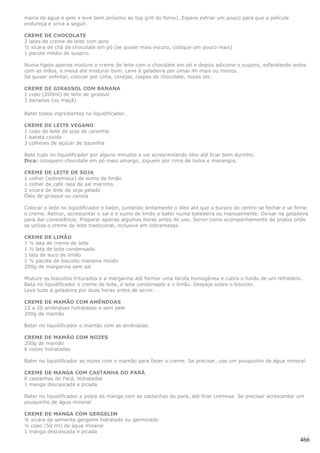 maria de água e gelo e leve bem próximo ao top grill do forno). Espere esfriar um pouco para que a película
endureça e sirva a seguir.

CREME DE CHOCOLATE
2 latas de creme de leite com soro
½ xícara de chá de chocolate em pó (se quiser mais escuro, coloque um pouco mais)
1 pacote médio de suspiro.

Numa tigela apenas misture o creme de leite com o chocolate em pó e depois adicione o suspiro, esfarelando antes
com as mãos, e mexa até misturar bem. Leve à geladeira por umas 4h mais ou menos.
Se quiser enfeitar, colocar por cima, cerejas, raspas de chocolate, nozes etc.

CREME DE GIRASSOL COM BANANA
1 copo (200ml) de leite de girassol
3 bananas (ou maçã)

Bater todos ingredientes no liquidificador.

CREME DE LEITE VEGANO
1 copo de leite de soja de caixinha
1 batata cozida
3 colheres de açúcar de baunilha

Bate tudo no liquidificador por alguns minutos e vai acrescentando óleo até ficar bem durinho.
Dica: coloquem chocolate em pó meio amargo, joguem por cima de bolos e morangos.

CREME DE LEITE DE SOJA
1 colher (sobremesa) de sumo de limão
1 colher de café rasa de sal marinho
2 xícara de leite de soja gelado
Óleo de girassol ou canola

Colocar o leite no liqüidificador e bater, juntando lentamente o óleo até que o buraco do centro se fechar e se firme
o creme. Retirar, acrescentar o sal e o sumo de limão e bater numa batedeira ou manualmente. Deixar na geladeira
para dar consistência. Preparar apenas algumas horas antes do uso. Servir como acompanhamento de pratos onde
se utiliza o creme de leite tradicional, inclusive em sobremesas.

CREME DE LIMÃO
1 ½ lata de creme de leite
1 ½ lata de leite condensado
1 lata de suco de limão
1 ½ pacote de biscoito maisena moído
200g de margarina sem sal

Misture os biscoitos triturados e a margarina até formar uma farofa homogênea e cubra o fundo de um refratário.
Bata no liquidificador o creme de leite, o leite condensado e o limão. Despeje sobre o biscoito.
Leve tudo à geladeira por duas horas antes de servir.

CREME DE MAMÃO COM AMÊNDOAS
12 a 20 amêndoas hidratadas e sem pele
200g de mamão

Bater no liquidificador o mamão com as amêndoas.

CREME DE MAMÃO COM NOZES
200g de mamão
6 nozes hidratadas

Bater no liquidificador as nozes com o mamão para fazer o creme. Se precisar, use um pouquinho de água mineral.

CREME DE MANGA COM CASTANHA DO PARÁ
6 castanhas do Pará, hidratadas
1 manga descascada e picada

Bater no liquidificador a polpa da manga com as castanhas do pará, até ficar cremosa. Se precisar acrescentar um
pouquinho de água mineral.

CREME DE MANGA COM GERGELIM
¼ xícara de semente gergelim hidratado ou germinado
¼ copo (50 ml) de água mineral
1 manga descascada e picada
                                                                                                                 466
 