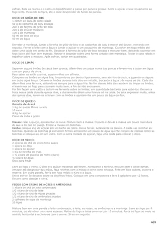 esfriar. Bata as cascas e o caldo no liqüidificador e passe por peneira grossa. Junte o açúcar e leve novamente ao
fogo lento. Mexendo sempre, até o doce desprender do fundo da panela.

DOCE DE GRÃO-DE-BIC
1 colher de sopa de coco ralado
50 g de castanha de caju picadas
200 g de farinha de grão-de-bico
200 g de açúcar mascavo
100 g de manteiga
50 ml de leite de soja
50 ml de água

Derreter a manteiga, juntar a farinha de grão-de-bico e as castanhas de caju e mexer até dourar, retirando em
seguida. Ferver o leite com a água e juntar o açúcar e um pouquinho de manteiga. Cozinhar em fogo médio até
obter uma calda em ponto de fio. Despejar a farinha de grão-de-bico tostada e misturar bem, deixando cozinhar em
fogo baixo até ficar bem espessa. Retirar e despejar sobre uma forma untada com manteiga. Tostar o coco ralado e
espalhar sobre a mistura. Após esfriar, cortar em quadrados.

DOCE DE LIMÃO

Separem alguns limões de casca bem grossa, dêem-lhes um pique numa das pontas e levem-nos a cozer em água
com um pouco de cinza.
Para saber se estão cozidos, espetem-lhes um alfinete.
Coloquem os limões em água fria, limpando-os por dentro ligeiramente, sem abri-los de todo, e jogando-os depois
em outra água limpa. Deixem os limões durante três dias em infusão, trocando a água três vezes ao dia. Cada dia
dêem-lhes uma fervura, voltando-os sempre para a água fria. No fim desses três dias acabem de limpar os limões,
e levem-nos ao fogo para cozerem muito bem, a fim de não encruarem.
Por fim façam uma calda e deitem-na fervente sobre os limões, em quantidade bastante para cobri-los. Deixem a
fruta nessa calda durante quinze dias, e diariamente dêem uma fervura só na calda. Se esta engrossar muito, antes
dos quinze dias, levem-na a ferver com os limões e ajuntem-lhe um pouco de água-de-flor.

DOCE DE QUEIJO
Receita de Araxá
1 Kg de queijo Minas curado
10 ovos
4 Kg de açúcar
Cravo da índia a gosto

Massa: ralar o queijo, acrescentar os ovos. Misture bem a massa. O ponto é deixar a massa um pouco mais dura
do que a do pão de queijo. Enrole a massa em bolinhas.
Calda: coloque 2kg de açúcar em um tacho de cobre. Deixe ferver. Acrescente os cravos. A calda vai cozinhar as
bolinhas. Quando as bolinhas já estiverem firmes acrescente um pouco de água quente. Depois de cozidas retire as
bolinhas e coloque-as em um vidro. Com a outra metade do açúcar, faça uma calda para colocar o doce.

DOCE DE VINHO
2 xícaras de chá de vinho tinto suave
1 xícara de óleo
1 xícara de açúcar
1 Kg de farinha de trigo
1 ½ xícara de glucose de milho (Karo)
½ xícara de água
Óleo para fritar

Leve ao fogo o vinho. O óleo e o açúcar mexendo até ferver. Acrescente a farinha, misture bem e deixe esfriar.
Amasse até desgrudar das mãos, faça rolinhos com a massa e corte como nhoque. Frite em óleo quente, escorra e
reserve. Em outra panela, ferva em fogo médio o Karo e a água.
Deixe esfriar 3e despeje sobre os docinhos fritos. Coloque em uma compoteira e leve à geladeira por 12 horas.
Decore como desejar e sirva.

FIGOS COM CREME DE NOZES E AMÊNDOAS
1 xícara de chá de leite condensado
1/2 xícara de chá de leite
1/2 xícara de chá de nozes picadas
1/2 xícara de chá de amêndoas picadas
2 colheres de sopa de manteiga
20 figos

Misture bem em uma panela o leite condensado, o leite, as nozes, as amêndoas e a manteiga. Leve ao fogo por 8
minutos, ou até obter um creme espesso. Retire do fogo e deixe amornar por 15 minutos. Parta os figos ao meio no
sentido horizontal e recheie-os com o creme. Sirva em seguida.


                                                                                                                 469
 